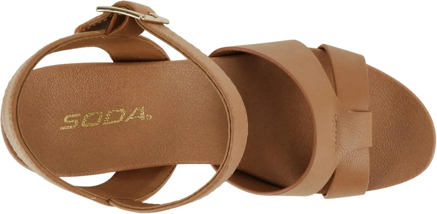 Soda “Front” ~ Women Round Toe Cross Band Low Heel Espadrille Wedge Sandal with Adjustable Ankle Strap