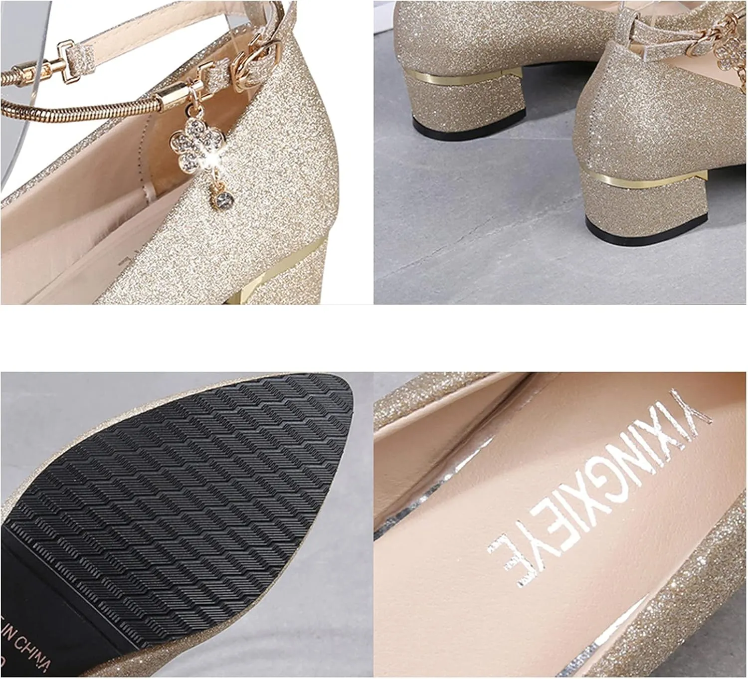 Sparkly Mary Jane for Women Chunky Low Block Heels Comfort Round Toe Wedding Shoes Rhinestone Dress Shoes Pumps