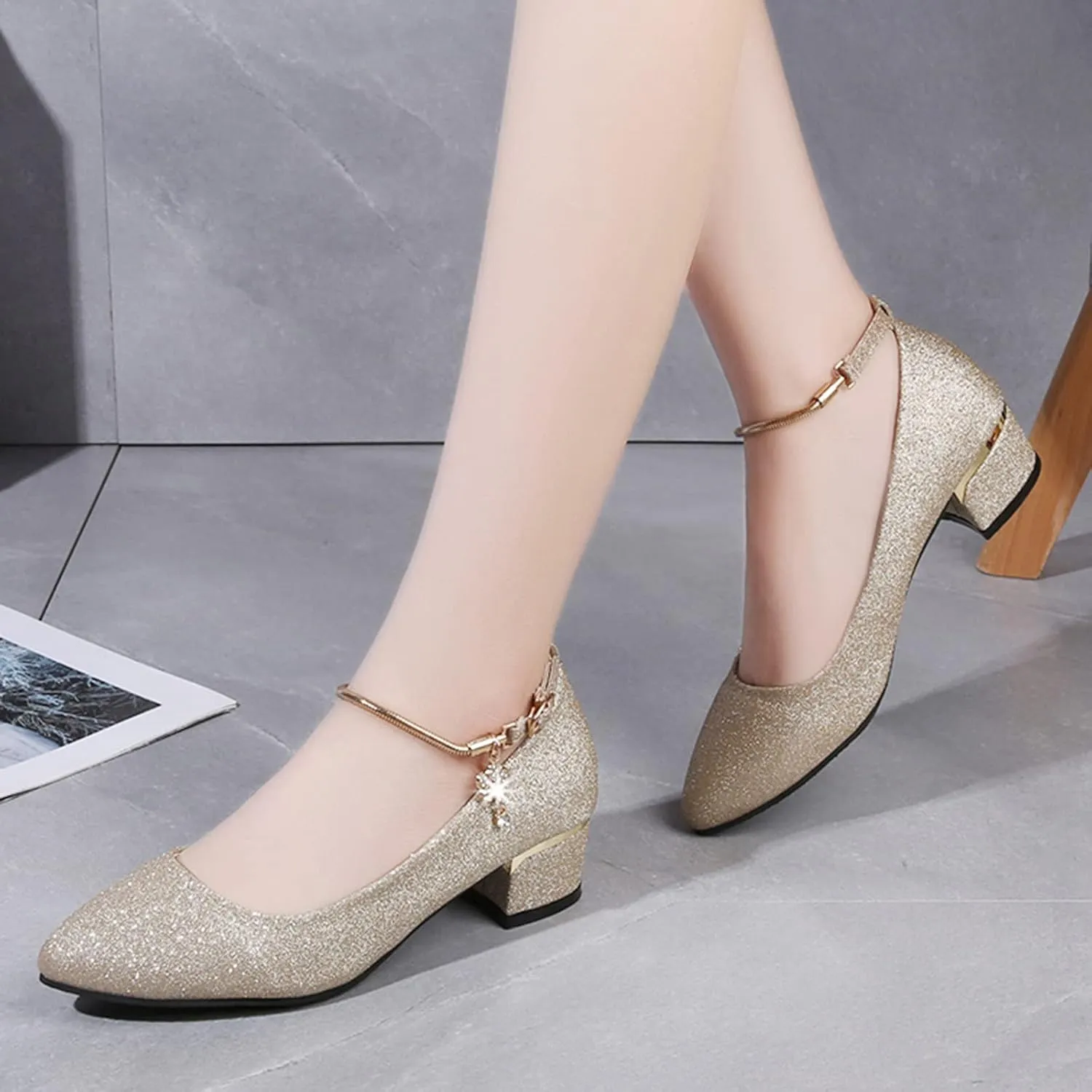 Sparkly Mary Jane for Women Chunky Low Block Heels Comfort Round Toe Wedding Shoes Rhinestone Dress Shoes Pumps