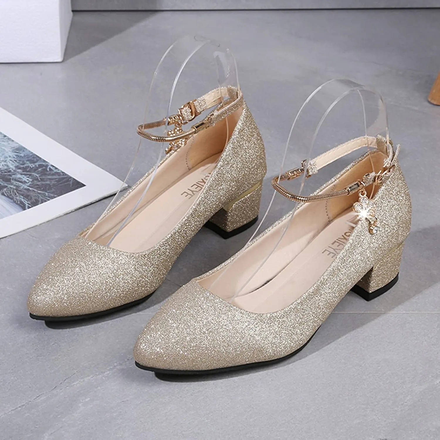 Sparkly Mary Jane for Women Chunky Low Block Heels Comfort Round Toe Wedding Shoes Rhinestone Dress Shoes Pumps