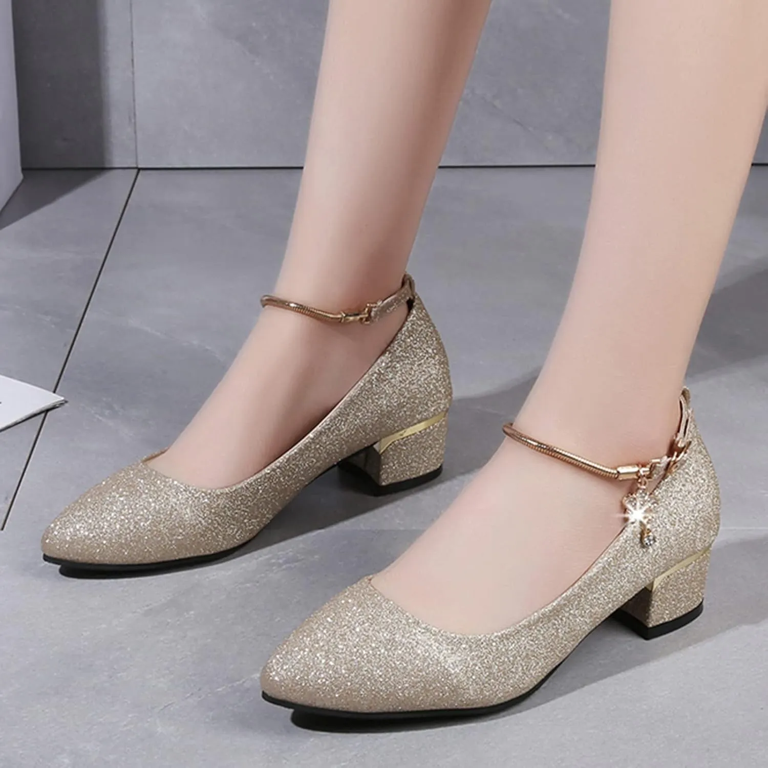 Sparkly Mary Jane for Women Chunky Low Block Heels Comfort Round Toe Wedding Shoes Rhinestone Dress Shoes Pumps
