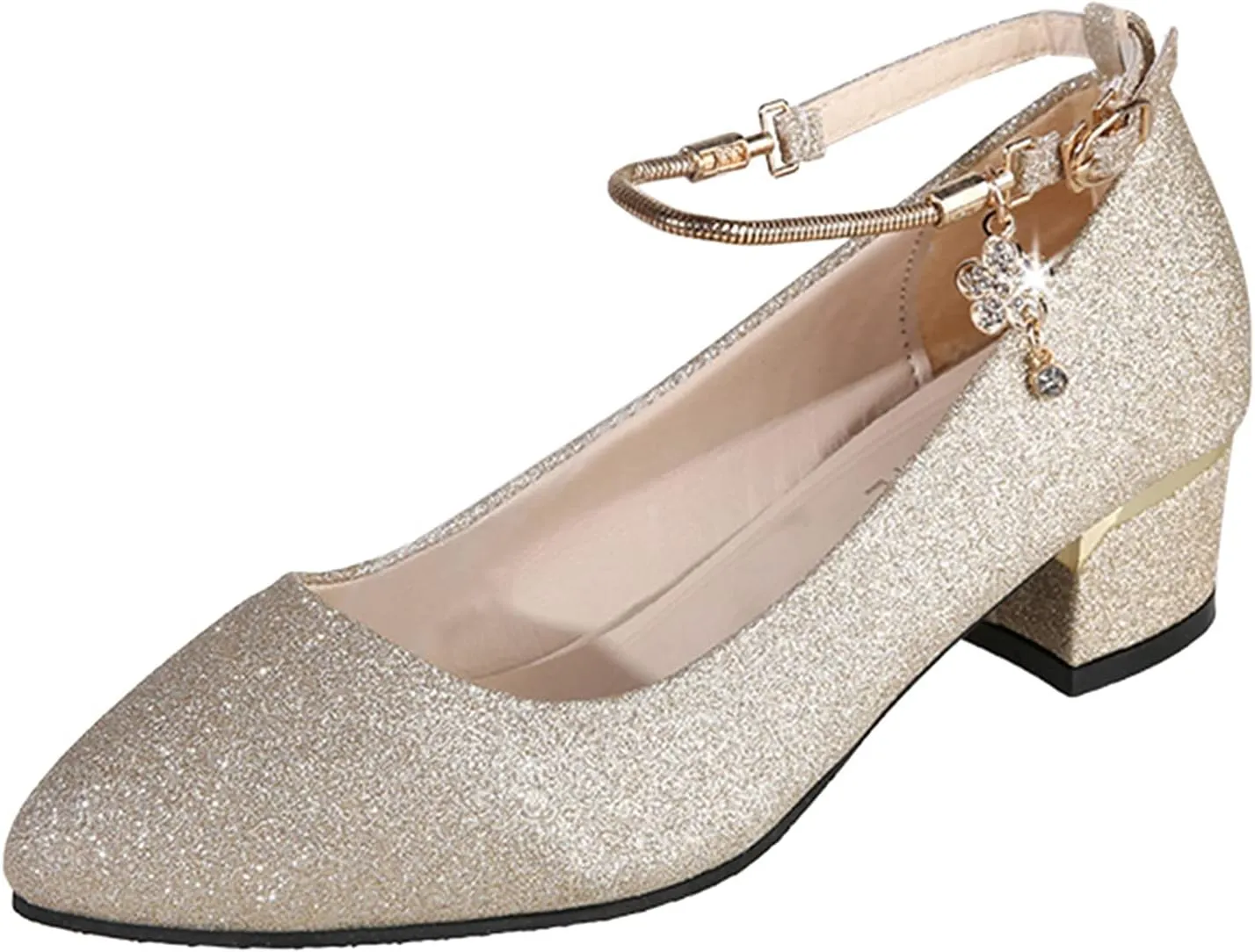 Sparkly Mary Jane for Women Chunky Low Block Heels Comfort Round Toe Wedding Shoes Rhinestone Dress Shoes Pumps