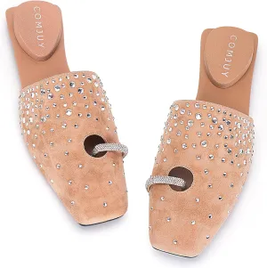 Square Toe Mule Sandals for Women Slip On Kitten Heels with Inverted Heel Cushioned Footbed Toe Ring Clog Slides Low Heel Faux Leather