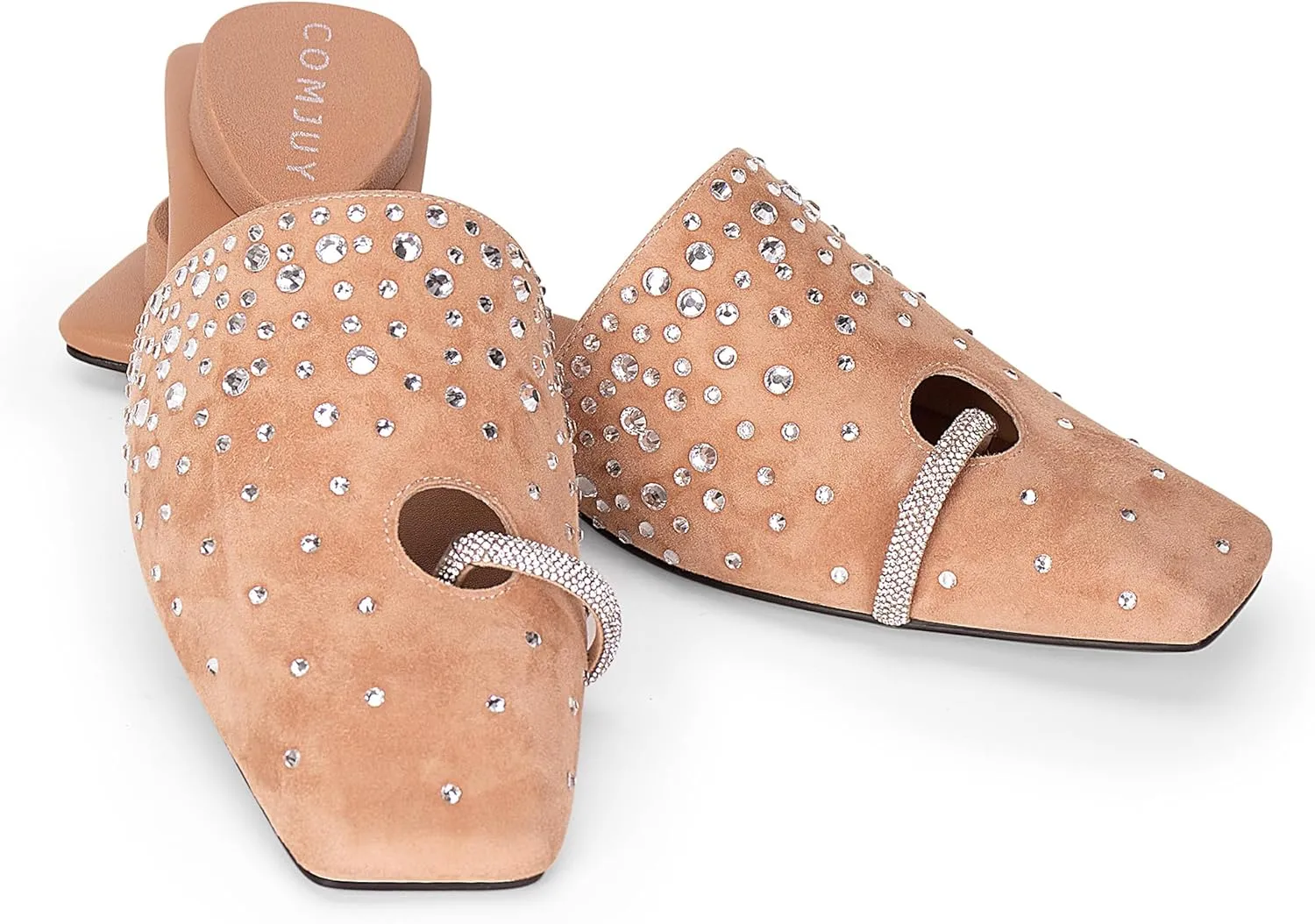 Square Toe Mule Sandals for Women Slip On Kitten Heels with Inverted Heel Cushioned Footbed Toe Ring Clog Slides Low Heel Faux Leather