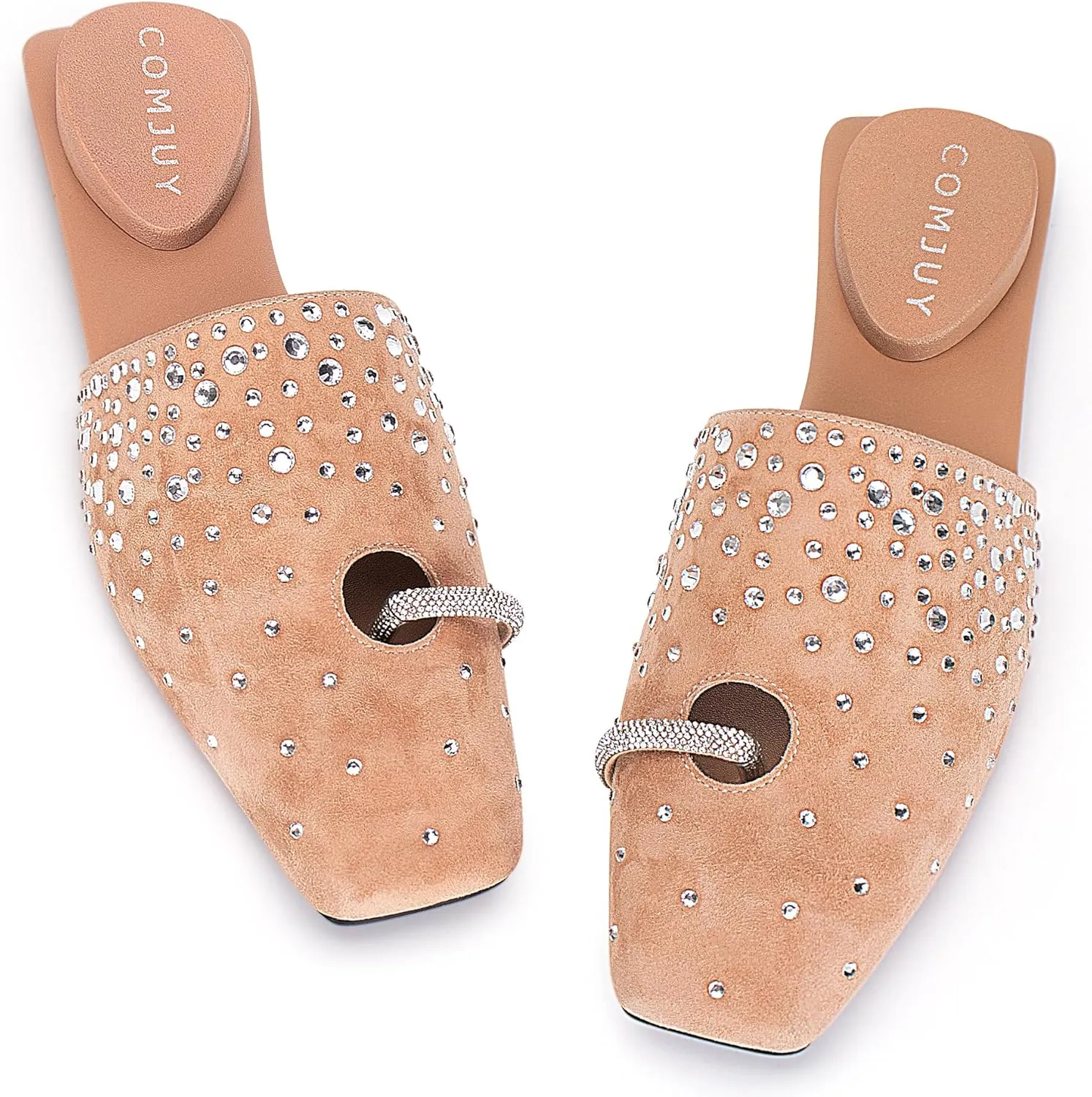 Square Toe Mule Sandals for Women Slip On Kitten Heels with Inverted Heel Cushioned Footbed Toe Ring Clog Slides Low Heel Faux Leather