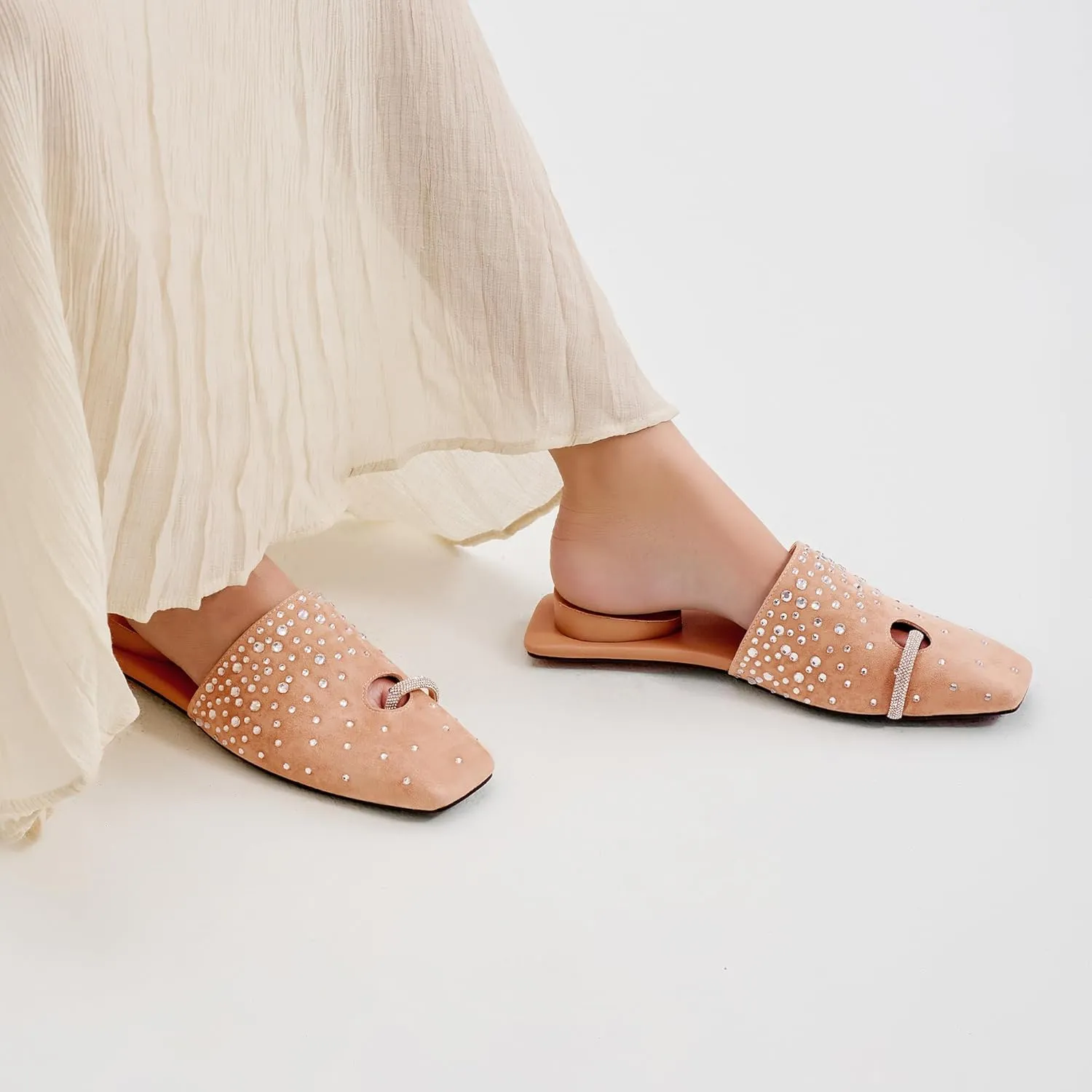 Square Toe Mule Sandals for Women Slip On Kitten Heels with Inverted Heel Cushioned Footbed Toe Ring Clog Slides Low Heel Faux Leather