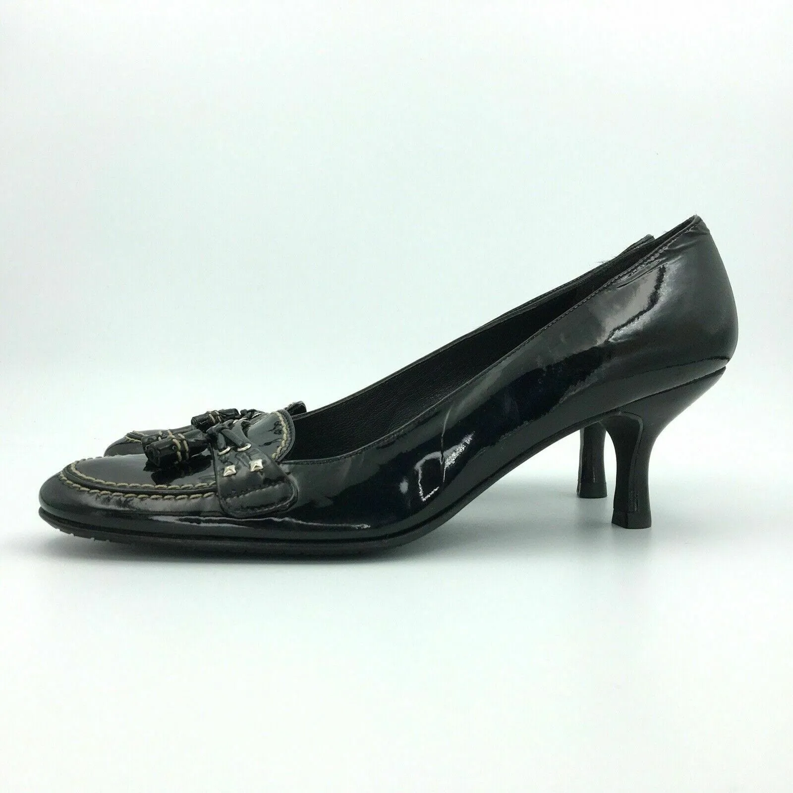 Stuart Weitzman Womens Size 8N Black Loafer Tassel Patent Leather Heels Shoes