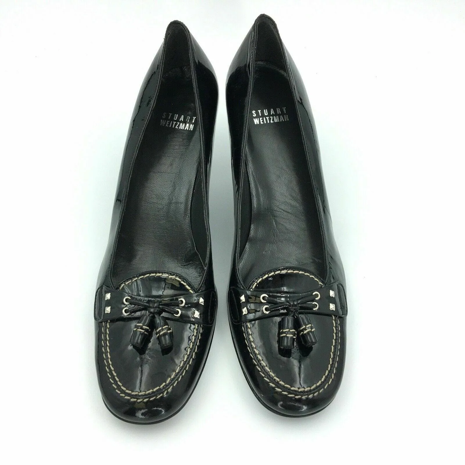Stuart Weitzman Womens Size 8N Black Loafer Tassel Patent Leather Heels Shoes