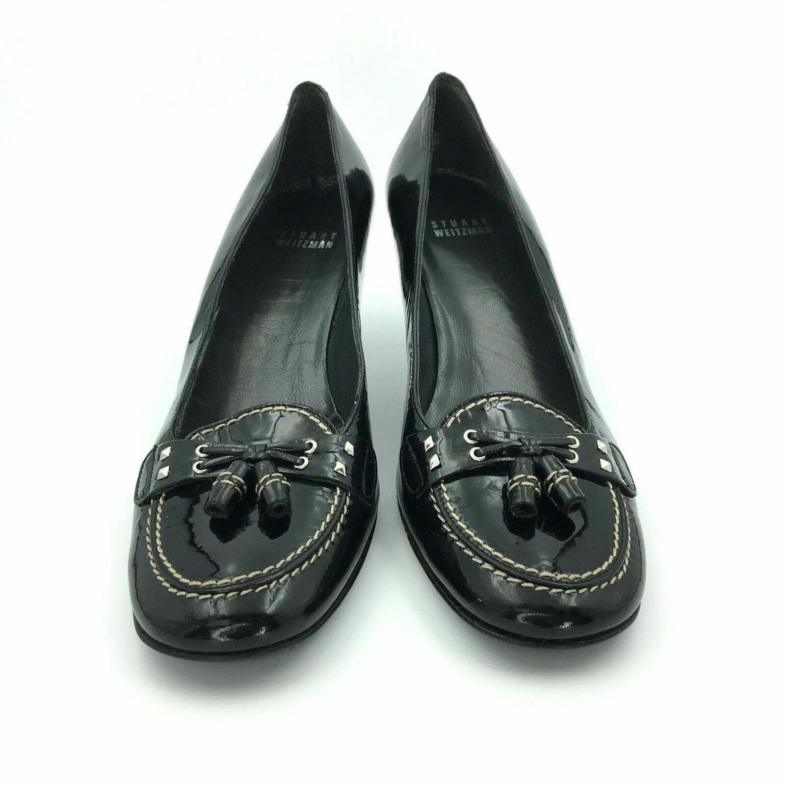 Stuart Weitzman Womens Size 8N Black Loafer Tassel Patent Leather Heels Shoes