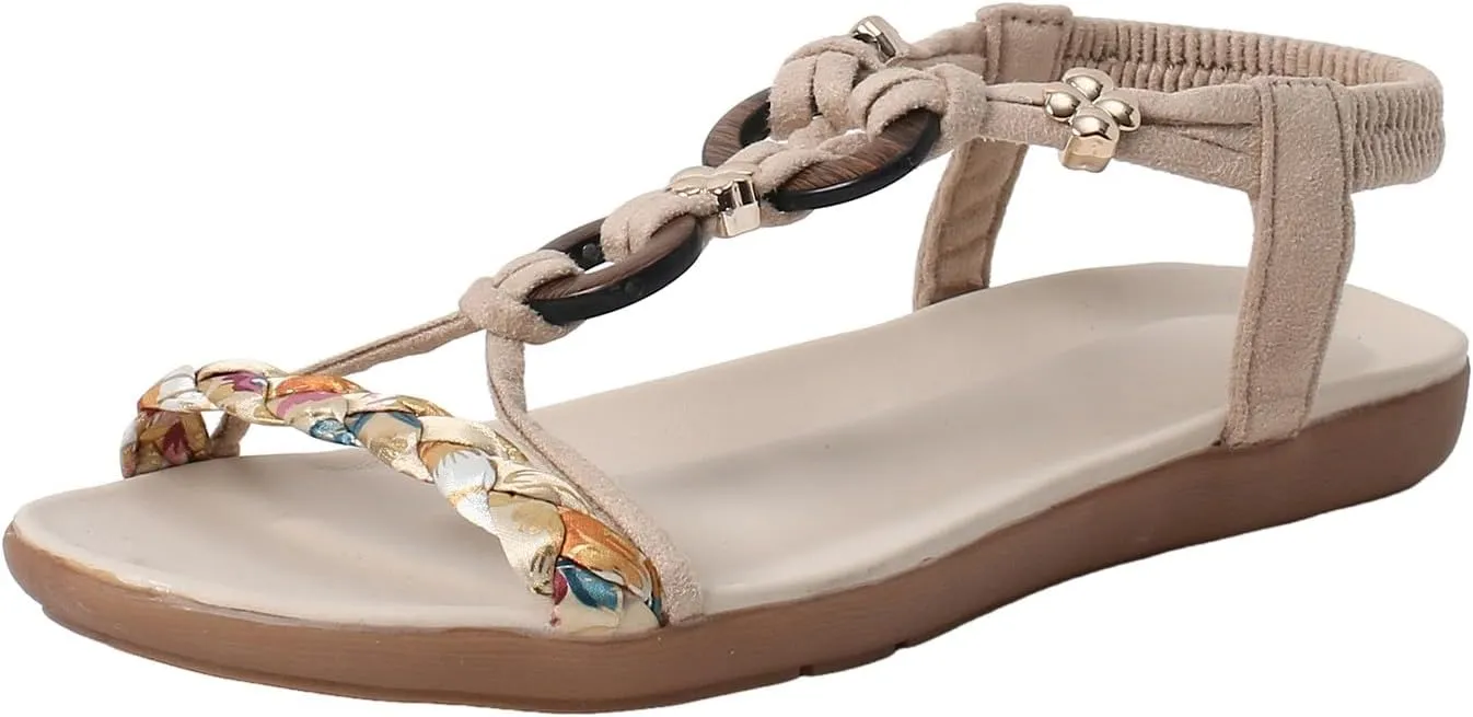 Summer Sandals for Women 2025 Flat Sandal With Rhinestones Women's Comfort Walking with Non Slip Casual Beach Shoes Dress Ankle Elastic Strap Sparkling Jeweled Bohemian Flats Shoe
