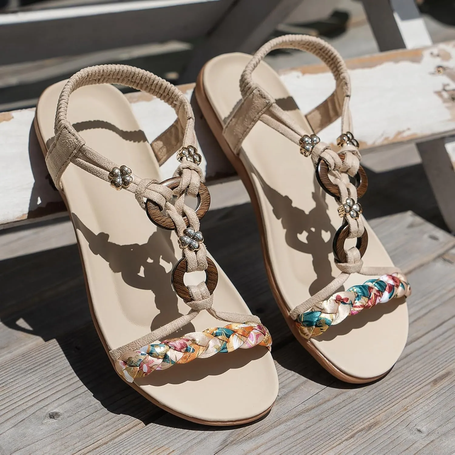 Summer Sandals for Women 2025 Flat Sandal With Rhinestones Women's Comfort Walking with Non Slip Casual Beach Shoes Dress Ankle Elastic Strap Sparkling Jeweled Bohemian Flats Shoe