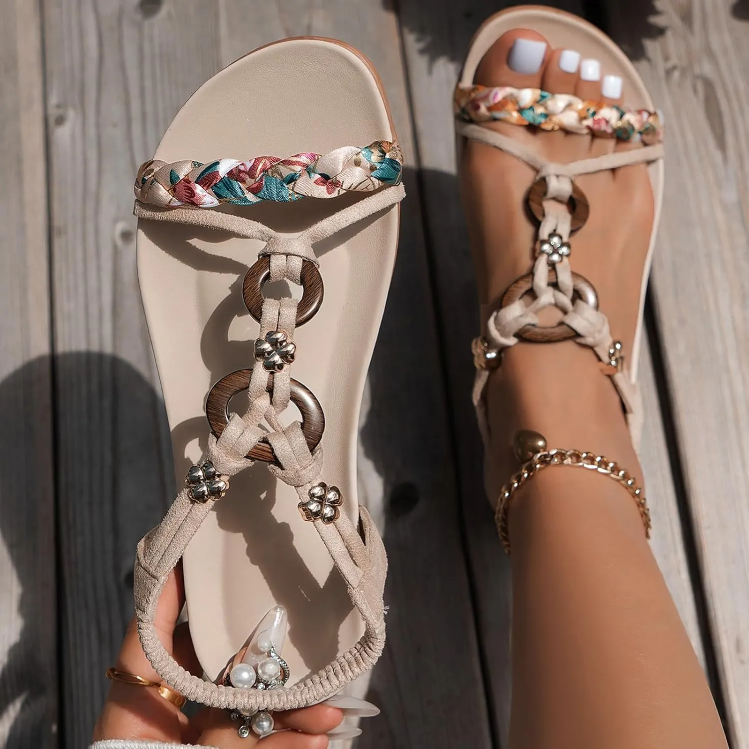 Summer Sandals for Women 2025 Flat Sandal With Rhinestones Women's Comfort Walking with Non Slip Casual Beach Shoes Dress Ankle Elastic Strap Sparkling Jeweled Bohemian Flats Shoe