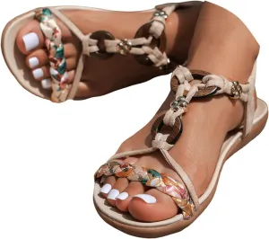 Summer Sandals for Women 2025 Flat Sandal With Rhinestones Women's Comfort Walking with Non Slip Casual Beach Shoes Dress Ankle Elastic Strap Sparkling Jeweled Bohemian Flats Shoe