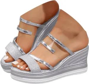 Summer Sandals for Women 2025,Orthopedic Clear Metal Strap Sparkly Peep Toe Wide Width Slip On Slides Ladies Low Wedge Heel Comfy Cushioned Footbed Arch Support Recovery Mules Casual Shoes