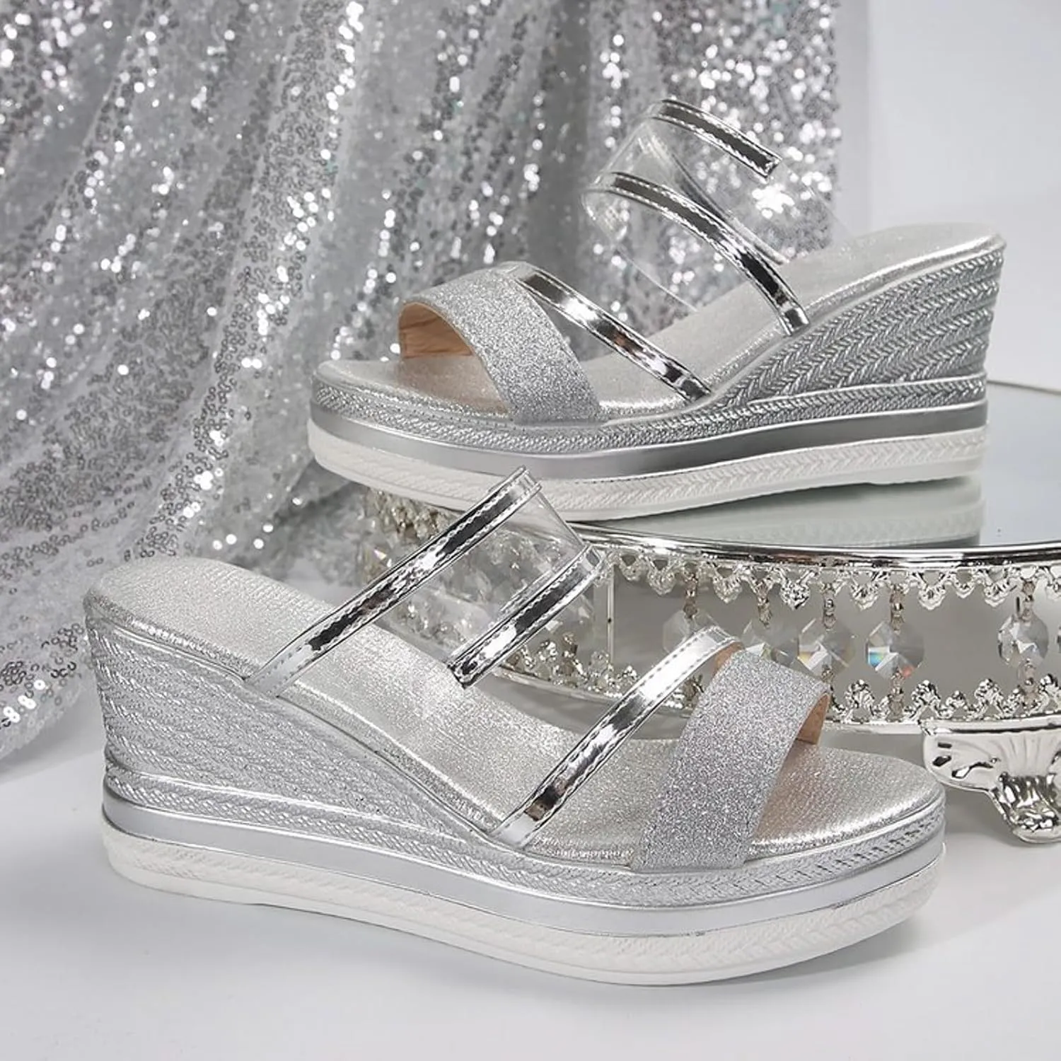 Summer Sandals for Women 2025,Orthopedic Clear Metal Strap Sparkly Peep Toe Wide Width Slip On Slides Ladies Low Wedge Heel Comfy Cushioned Footbed Arch Support Recovery Mules Casual Shoes
