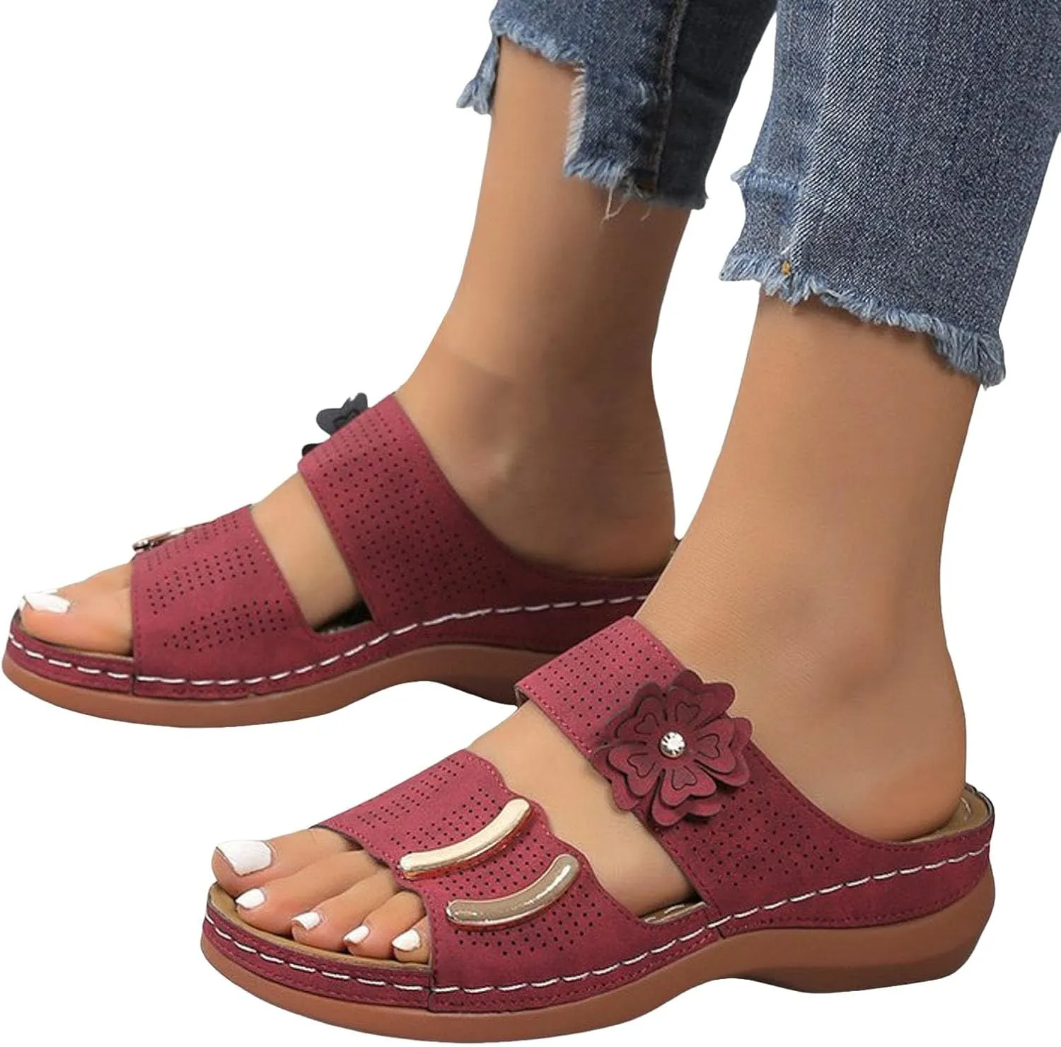 Summer Wedge Sandals for Women,Orthopedic Peep Toe Recovery Mules Plantar Fasciitis Cushioned Footbed Slides with Two Cutout Flower Strap Arch Support Comfy Indoor Outdoor Shoes for Daily Wear