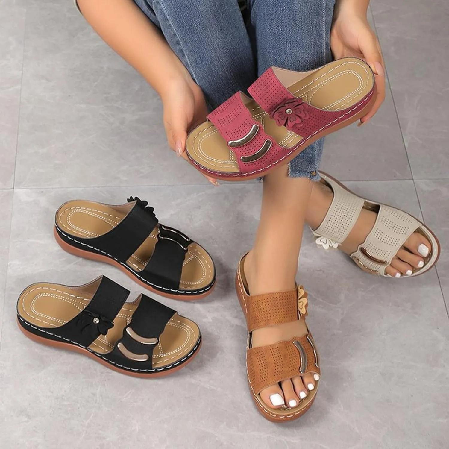 Summer Wedge Sandals for Women,Orthopedic Peep Toe Recovery Mules Plantar Fasciitis Cushioned Footbed Slides with Two Cutout Flower Strap Arch Support Comfy Indoor Outdoor Shoes for Daily Wear