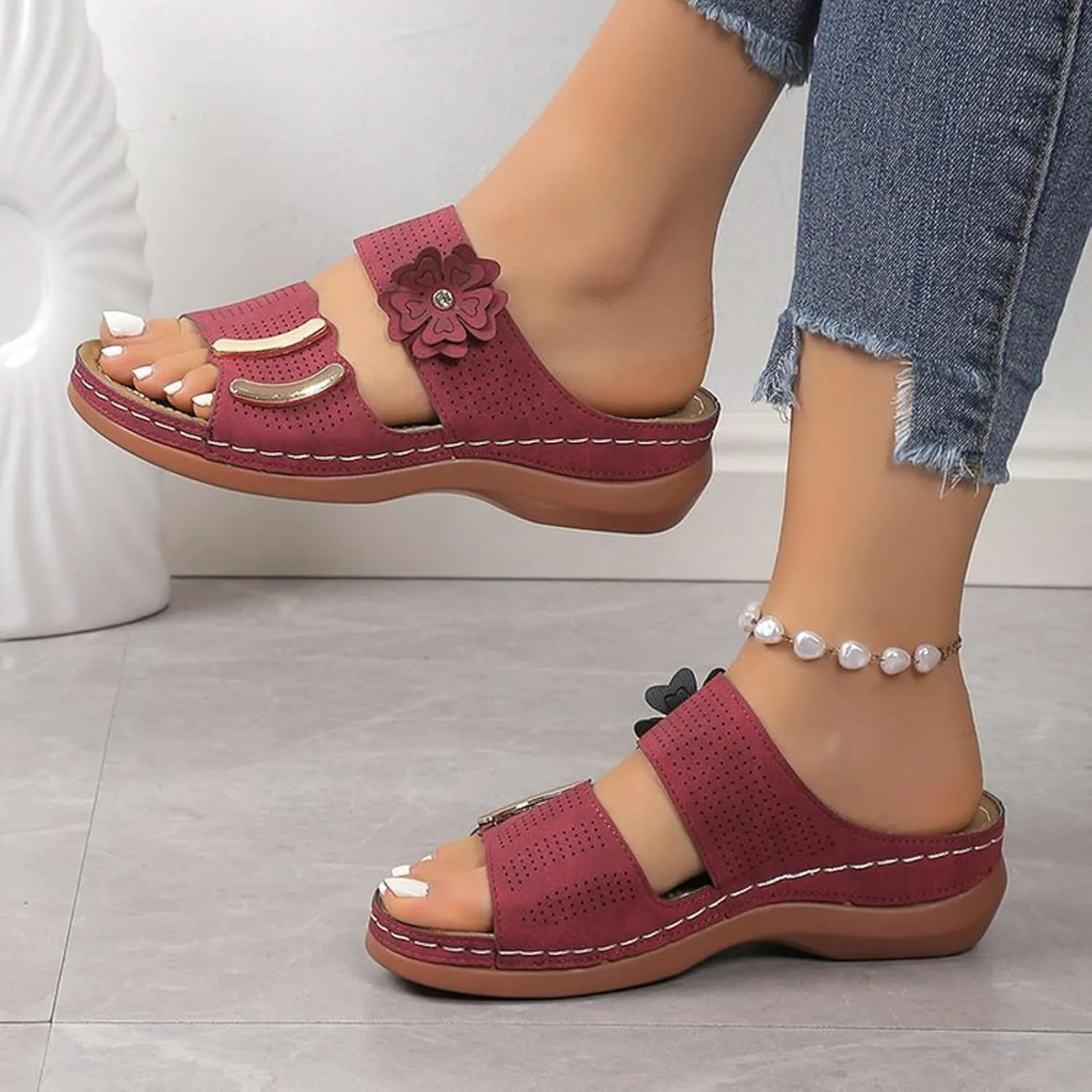 Summer Wedge Sandals for Women,Orthopedic Peep Toe Recovery Mules Plantar Fasciitis Cushioned Footbed Slides with Two Cutout Flower Strap Arch Support Comfy Indoor Outdoor Shoes for Daily Wear