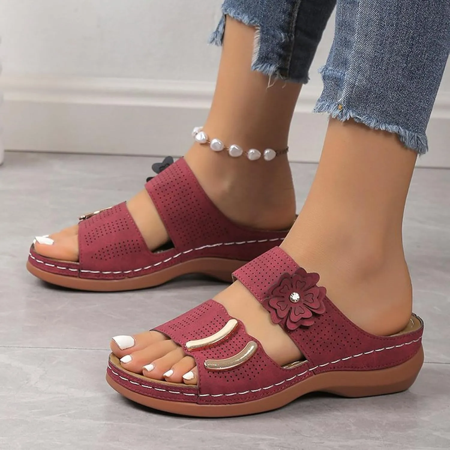 Summer Wedge Sandals for Women,Orthopedic Peep Toe Recovery Mules Plantar Fasciitis Cushioned Footbed Slides with Two Cutout Flower Strap Arch Support Comfy Indoor Outdoor Shoes for Daily Wear