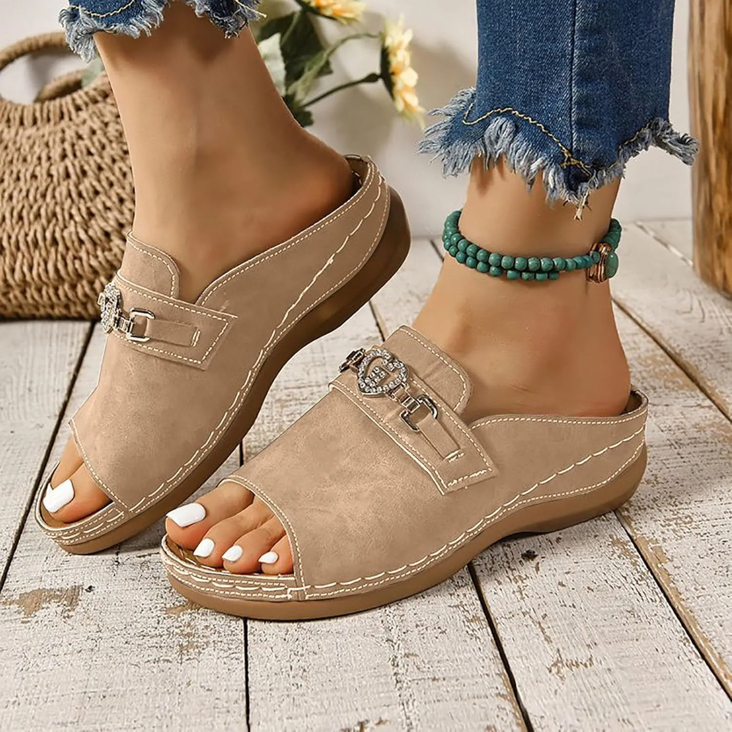 Summer Wedge Sandals for Women,Wide Width Orthopedic Open Toe Slip On Ladies Cushioned Arch Support Footbed Plantar Fasciitis Recovery Mules Low Wedges Casual Shoes for Daily Wear Outdoor Indoor