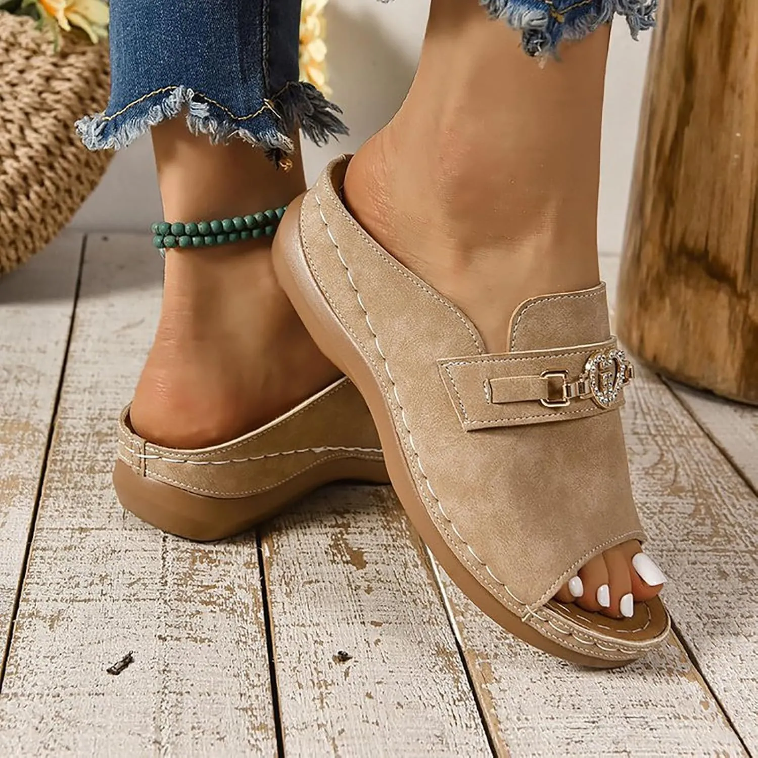 Summer Wedge Sandals for Women,Wide Width Orthopedic Open Toe Slip On Ladies Cushioned Arch Support Footbed Plantar Fasciitis Recovery Mules Low Wedges Casual Shoes for Daily Wear Outdoor Indoor