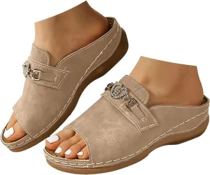 Summer Wedge Sandals for Women,Wide Width Orthopedic Open Toe Slip On Ladies Cushioned Arch Support Footbed Plantar Fasciitis Recovery Mules Low Wedges Casual Shoes for Daily Wear Outdoor Indoor