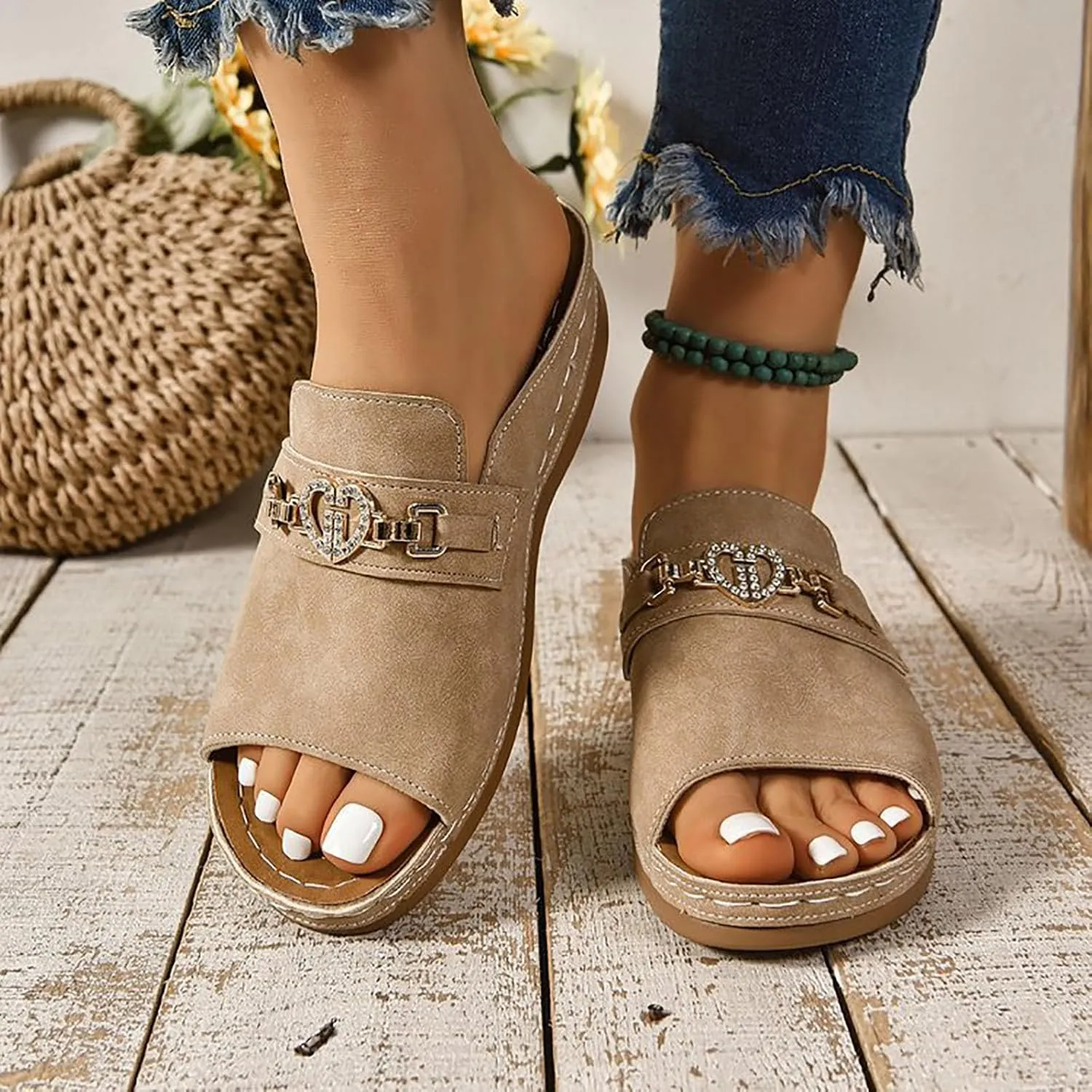 Summer Wedge Sandals for Women,Wide Width Orthopedic Open Toe Slip On Ladies Cushioned Arch Support Footbed Plantar Fasciitis Recovery Mules Low Wedges Casual Shoes for Daily Wear Outdoor Indoor