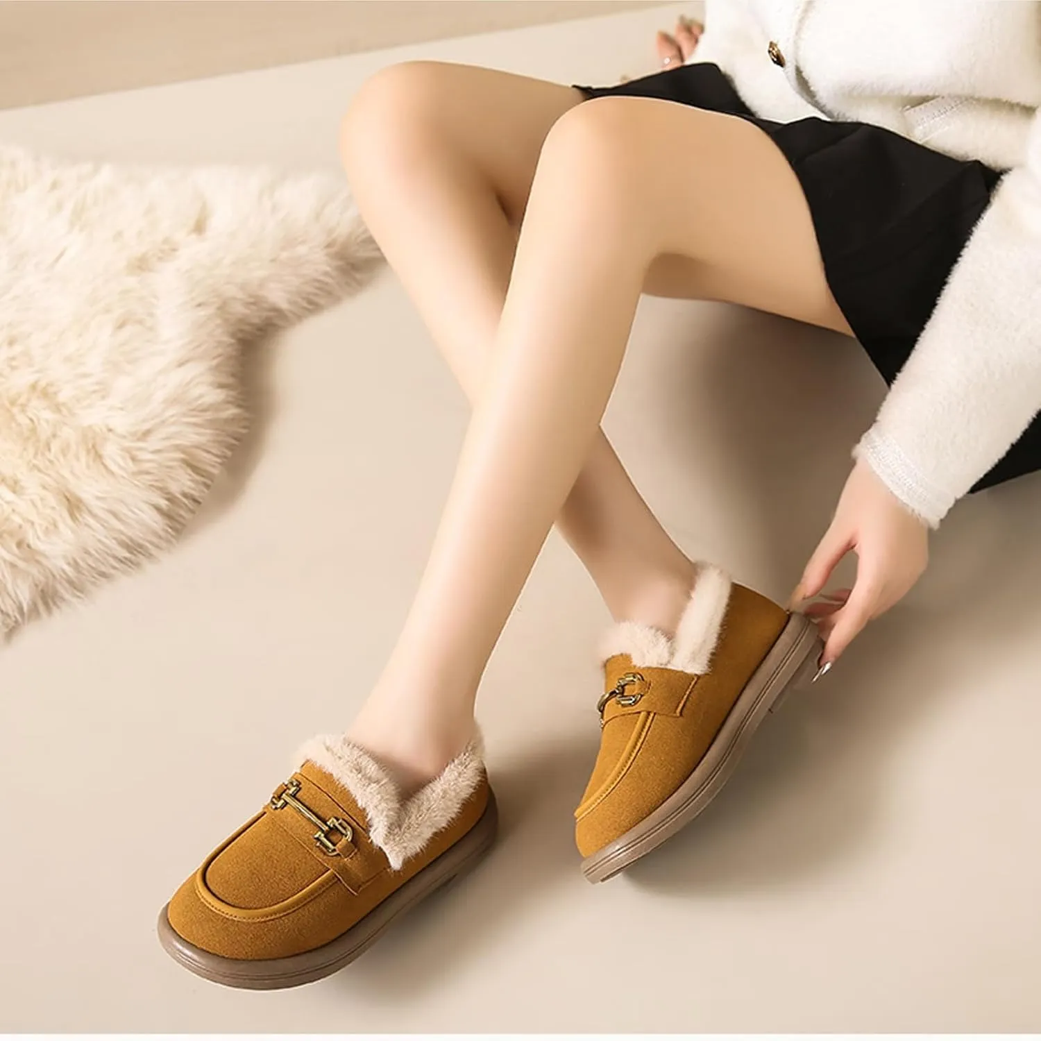 Sunporx Women's Moccasins Loafers Warm Plush Lining Moccasins Flat Driving Shoes Round Toe Comfortable Business Casual Work Shoes