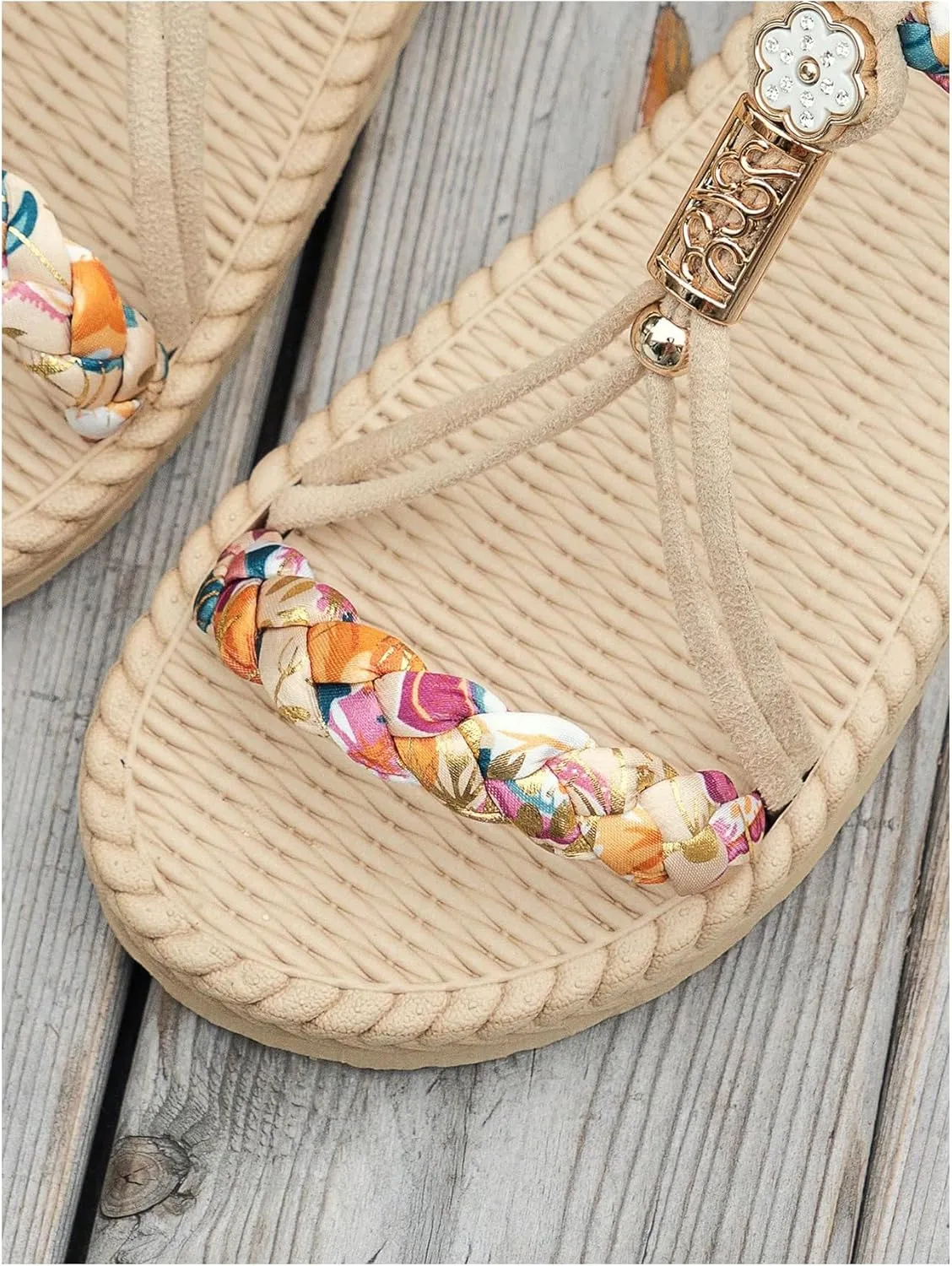 SweatyRocks Women's Floral Print Woven Sandals Open Toe Vacation Beach Flat Shoes with Ankle Strap