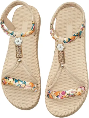 SweatyRocks Women's Floral Print Woven Sandals Open Toe Vacation Beach Flat Shoes with Ankle Strap