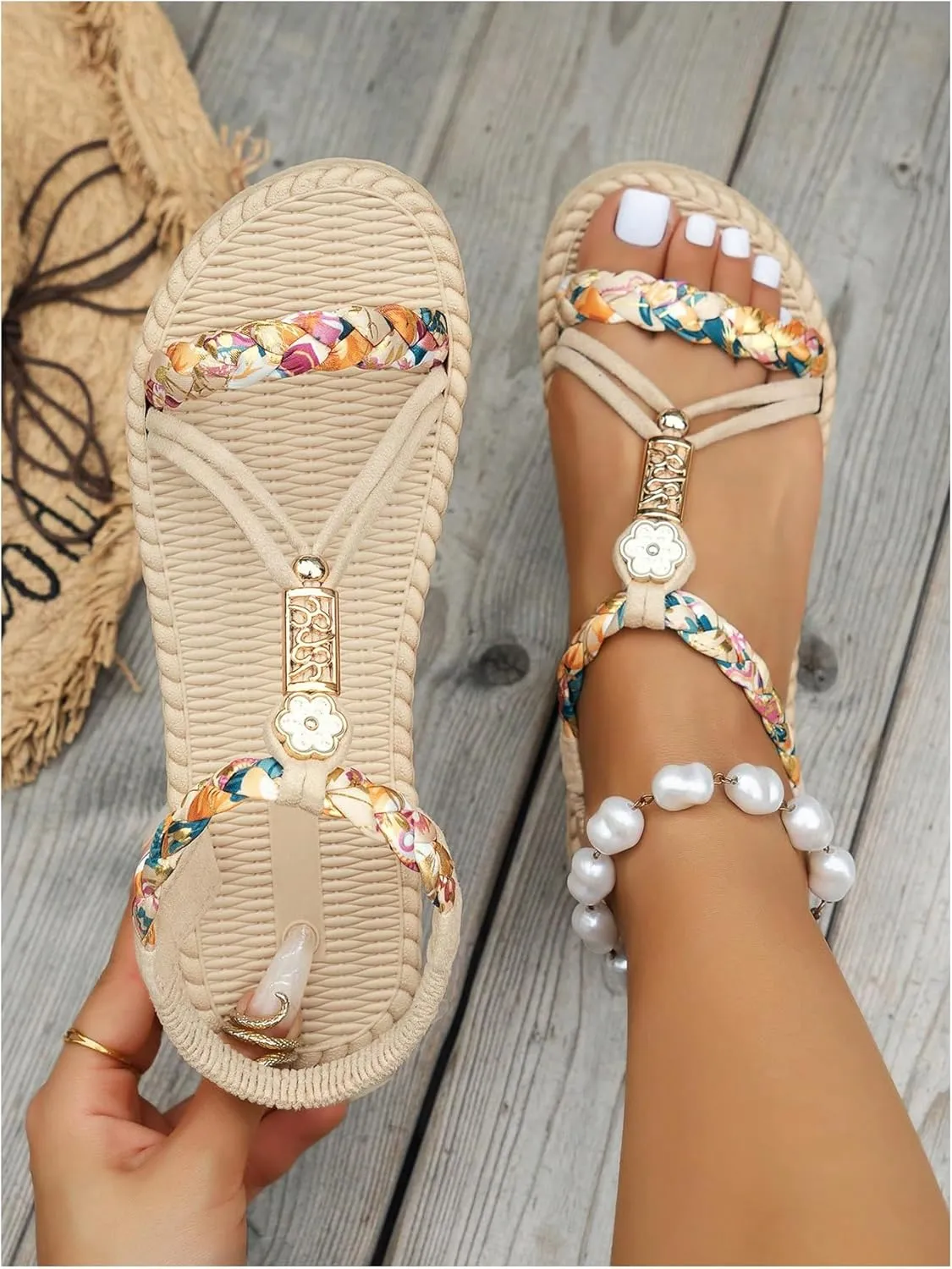 SweatyRocks Women's Floral Print Woven Sandals Open Toe Vacation Beach Flat Shoes with Ankle Strap