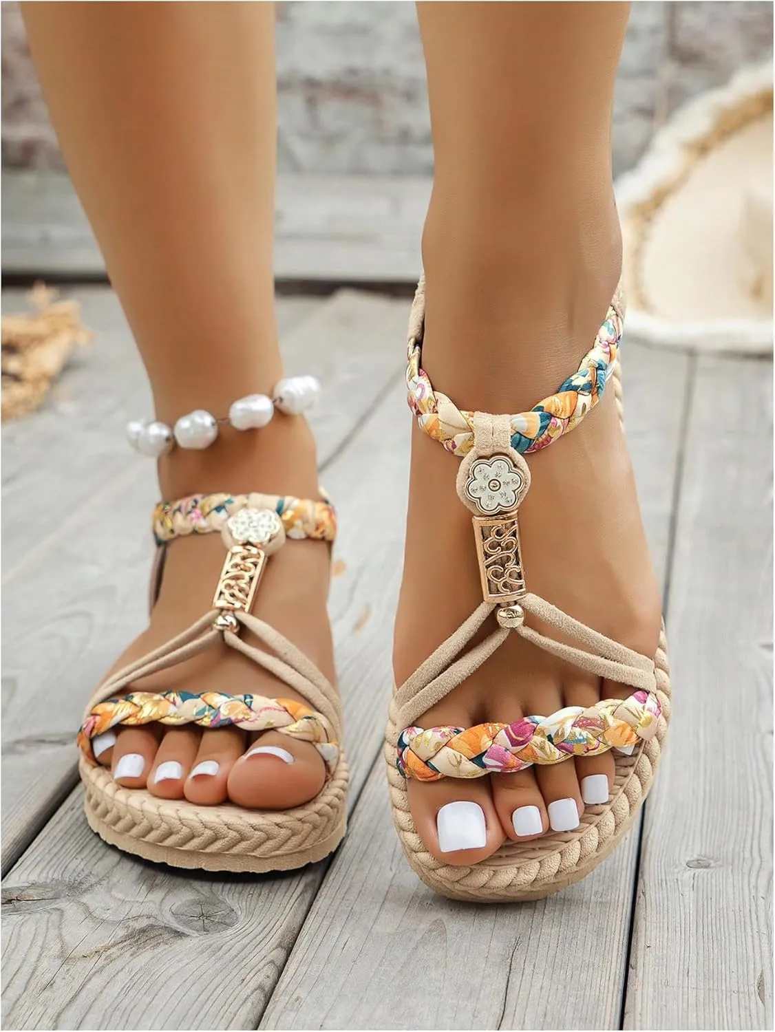 SweatyRocks Women's Floral Print Woven Sandals Open Toe Vacation Beach Flat Shoes with Ankle Strap