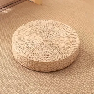 Tatami Floor Pillow Sitting Cushion, Japanese Style Handcrafted Eco-Friendly Padded Knitted Straw Flat Seat Cushion, Round Straw Weave Handmade Pillow for Floor (19.69" Dia. x 3.94" H)