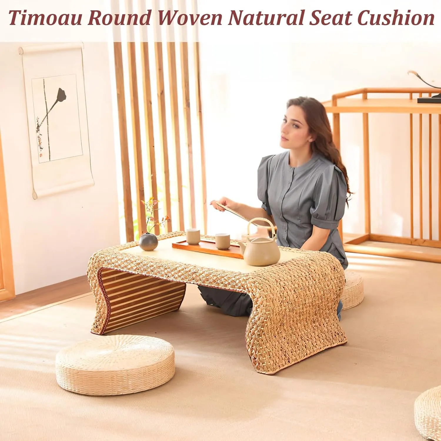 Tatami Floor Pillow Sitting Cushion, Japanese Style Handcrafted Eco-Friendly Padded Knitted Straw Flat Seat Cushion, Round Straw Weave Handmade Pillow for Floor (19.69" Dia. x 3.94" H)