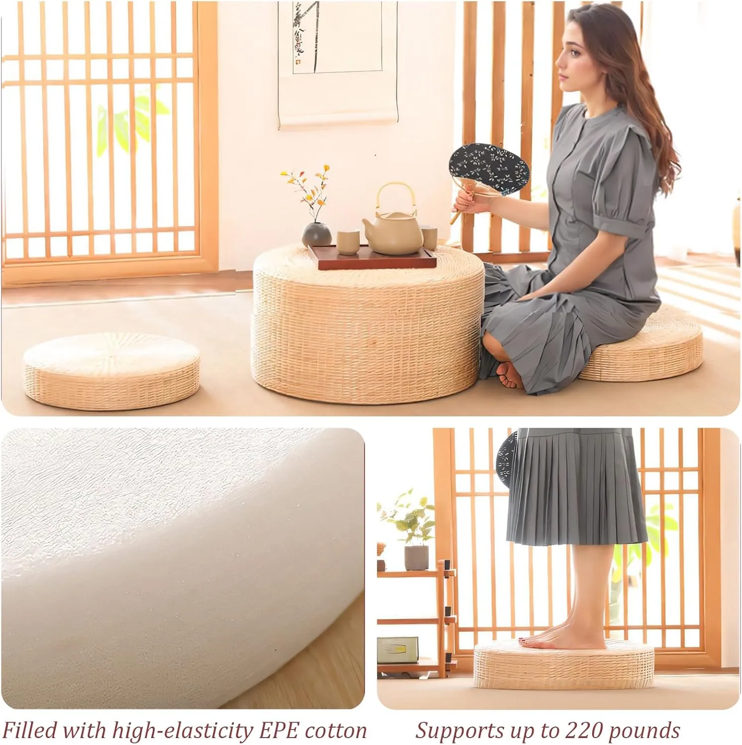 Tatami Floor Pillow Sitting Cushion, Japanese Style Handcrafted Eco-Friendly Padded Knitted Straw Flat Seat Cushion, Round Straw Weave Handmade Pillow for Floor (19.69" Dia. x 3.94" H)