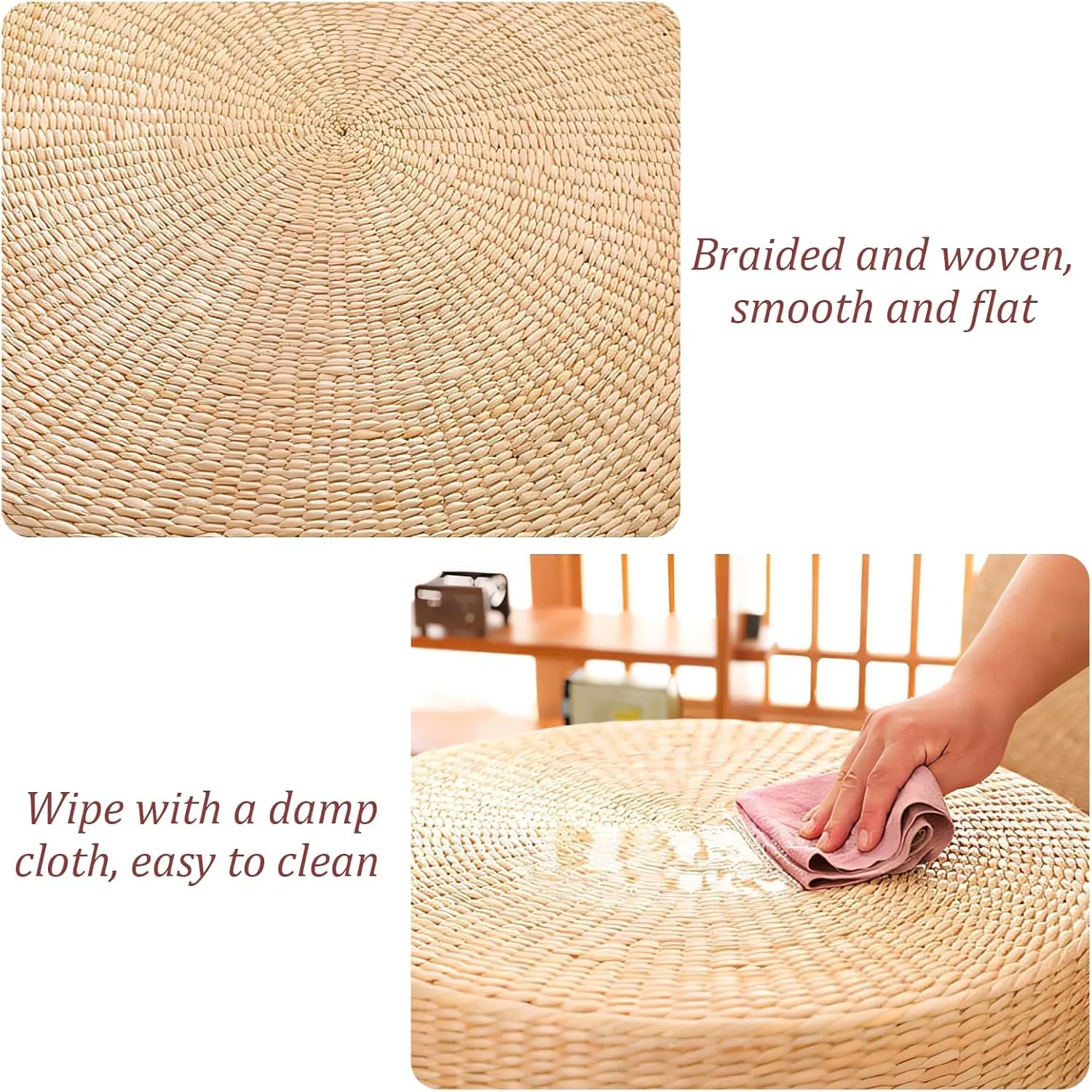 Tatami Floor Pillow Sitting Cushion, Japanese Style Handcrafted Eco-Friendly Padded Knitted Straw Flat Seat Cushion, Round Straw Weave Handmade Pillow for Floor (19.69" Dia. x 3.94" H)