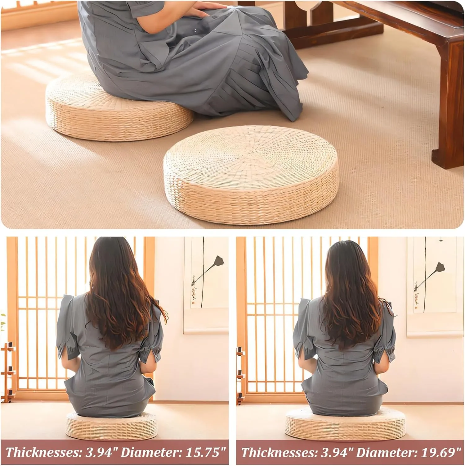 Tatami Floor Pillow Sitting Cushion, Japanese Style Handcrafted Eco-Friendly Padded Knitted Straw Flat Seat Cushion, Round Straw Weave Handmade Pillow for Floor (19.69" Dia. x 3.94" H)