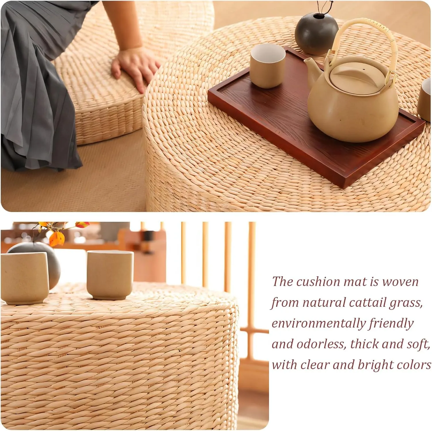 Tatami Floor Pillow Sitting Cushion, Japanese Style Handcrafted Eco-Friendly Padded Knitted Straw Flat Seat Cushion, Round Straw Weave Handmade Pillow for Floor (19.69" Dia. x 3.94" H)