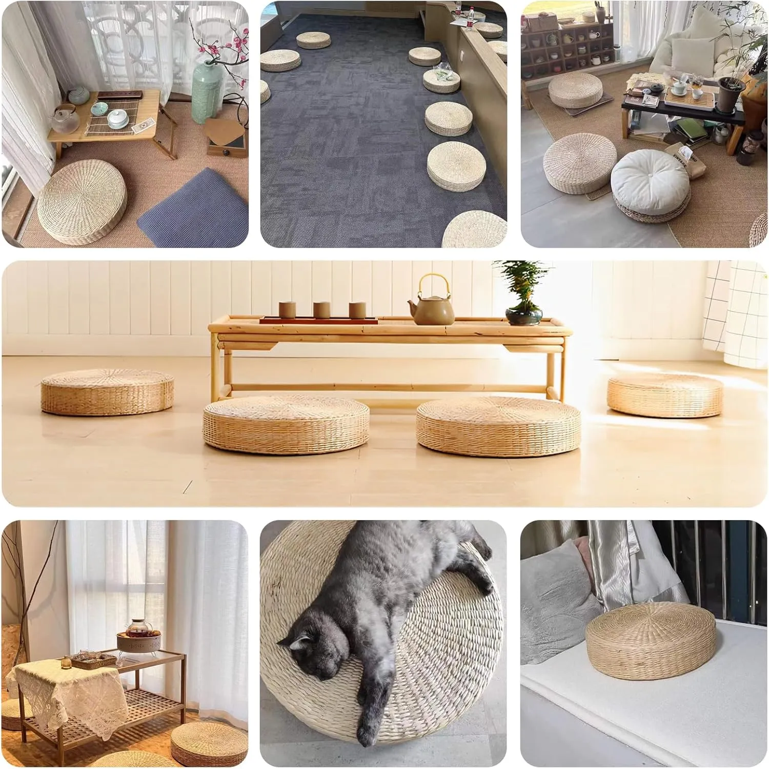 Tatami Floor Pillow Sitting Cushion, Japanese Style Handcrafted Eco-Friendly Padded Knitted Straw Flat Seat Cushion, Round Straw Weave Handmade Pillow for Floor (19.69" Dia. x 3.94" H)