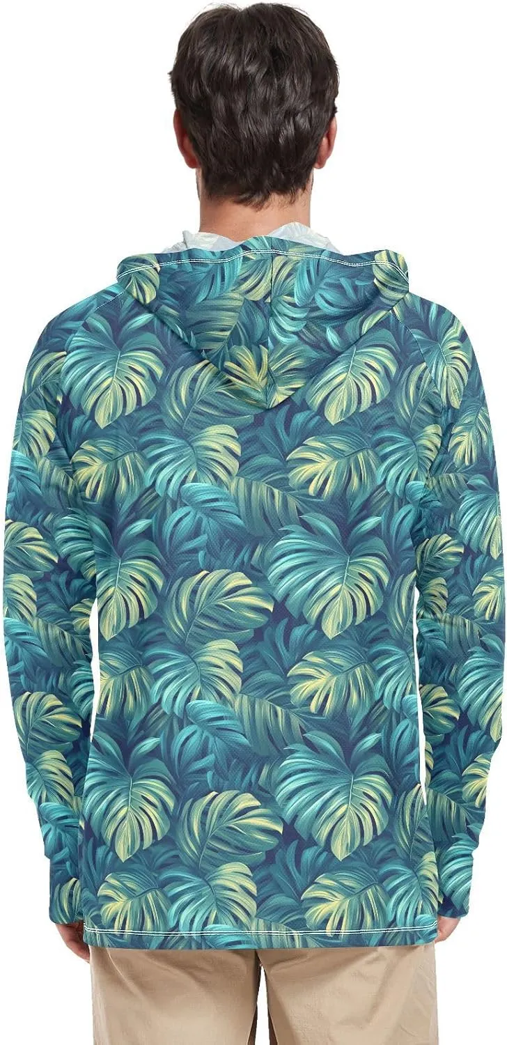 Teal Turquoise Tropical Mens Hoodie Sun Protection Long Sleeve UPF 50   Mens Sun Shirts Sailing Shirts UV Rashguard for Men