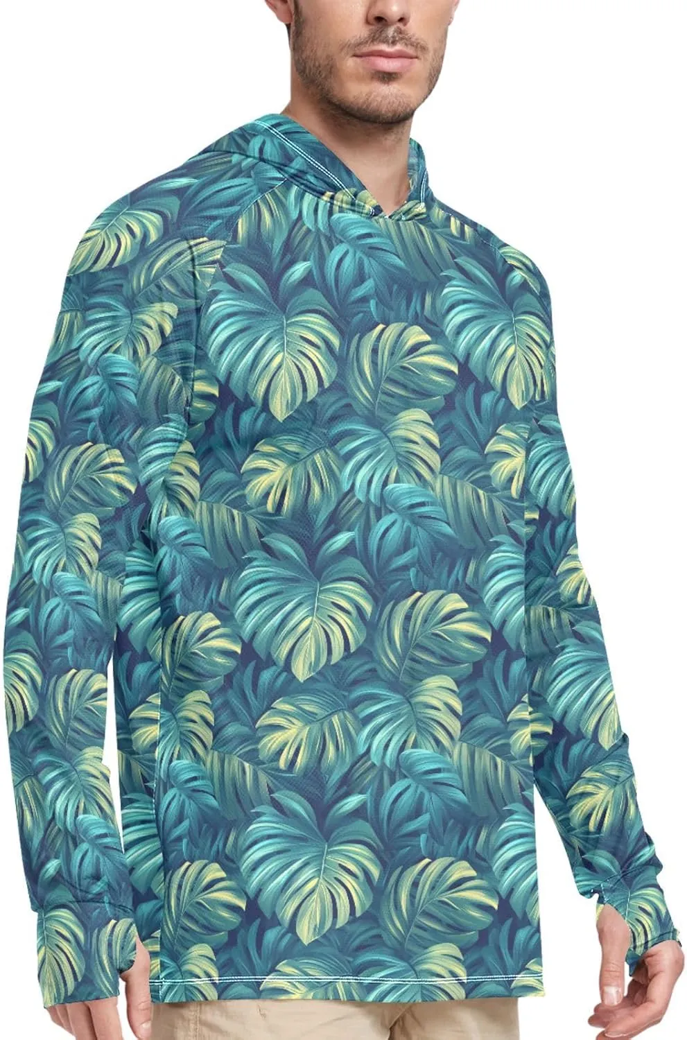 Teal Turquoise Tropical Mens Hoodie Sun Protection Long Sleeve UPF 50   Mens Sun Shirts Sailing Shirts UV Rashguard for Men