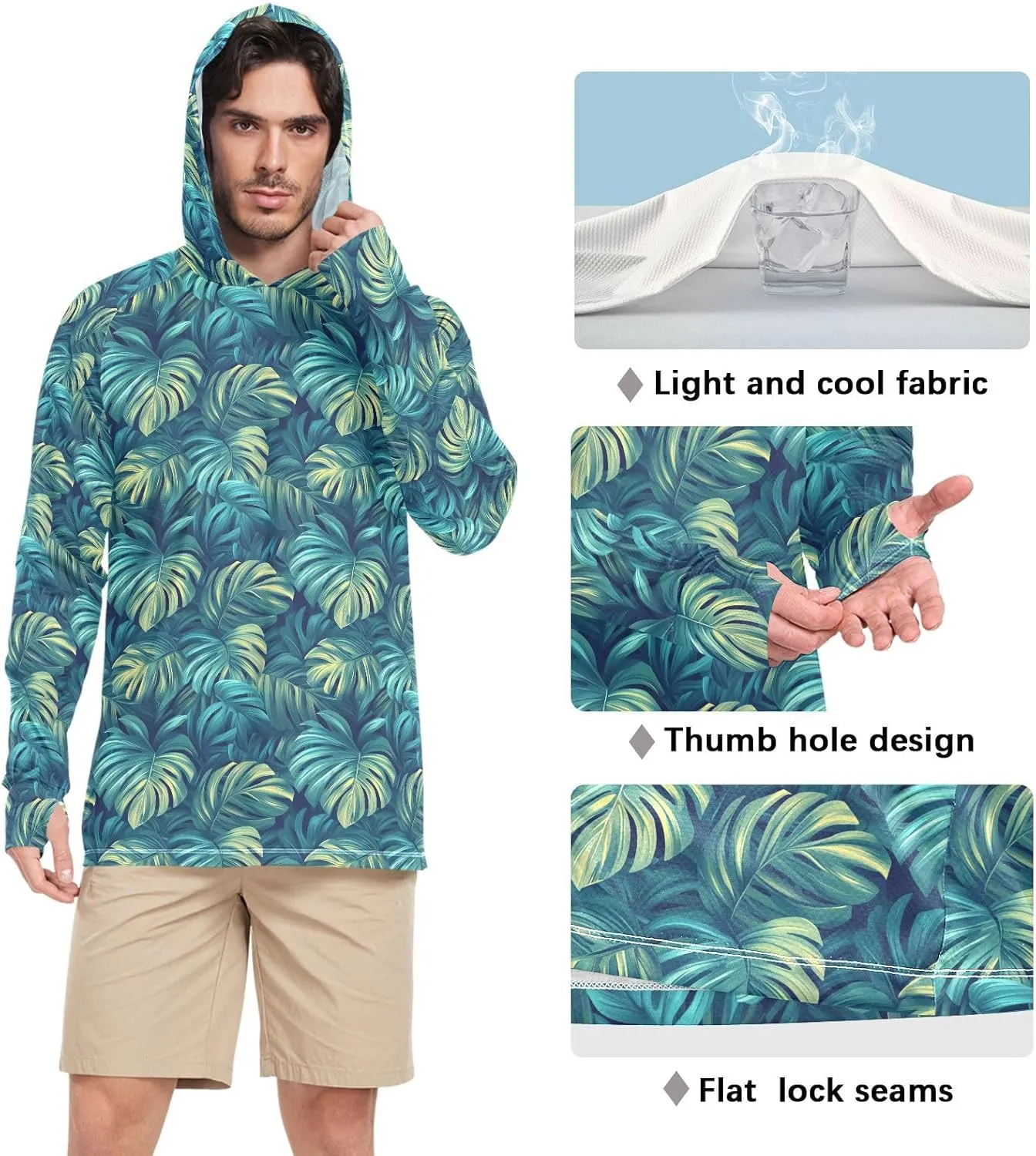 Teal Turquoise Tropical Mens Hoodie Sun Protection Long Sleeve UPF 50   Mens Sun Shirts Sailing Shirts UV Rashguard for Men