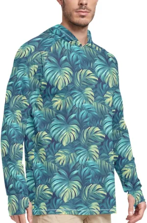 Teal Turquoise Tropical Mens Hoodie Sun Protection Long Sleeve UPF 50   Mens Sun Shirts Sailing Shirts UV Rashguard for Men