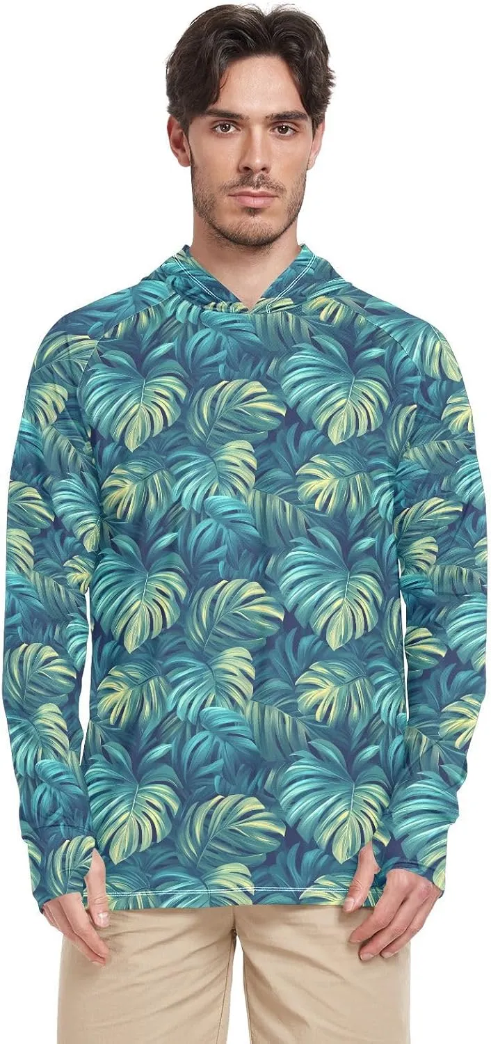 Teal Turquoise Tropical Mens Hoodie Sun Protection Long Sleeve UPF 50   Mens Sun Shirts Sailing Shirts UV Rashguard for Men