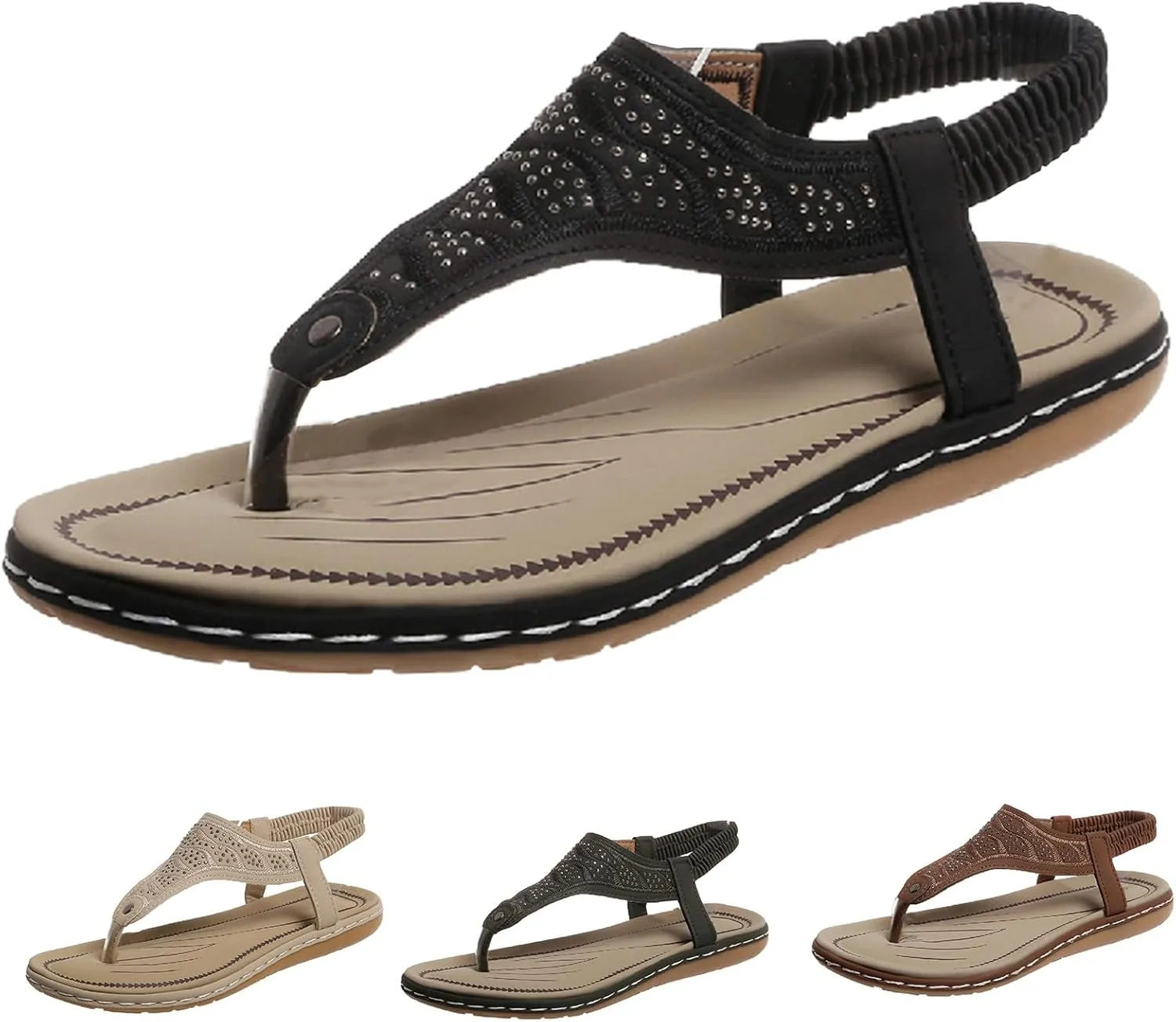 Thong Flat Sandals, Casual Women T-Strap Dress Sandals Comfortable Orthopedic Open Toe Slides Sandal T-Strap and Elastic Ankle Strap Summer Beach Walking Shoes
