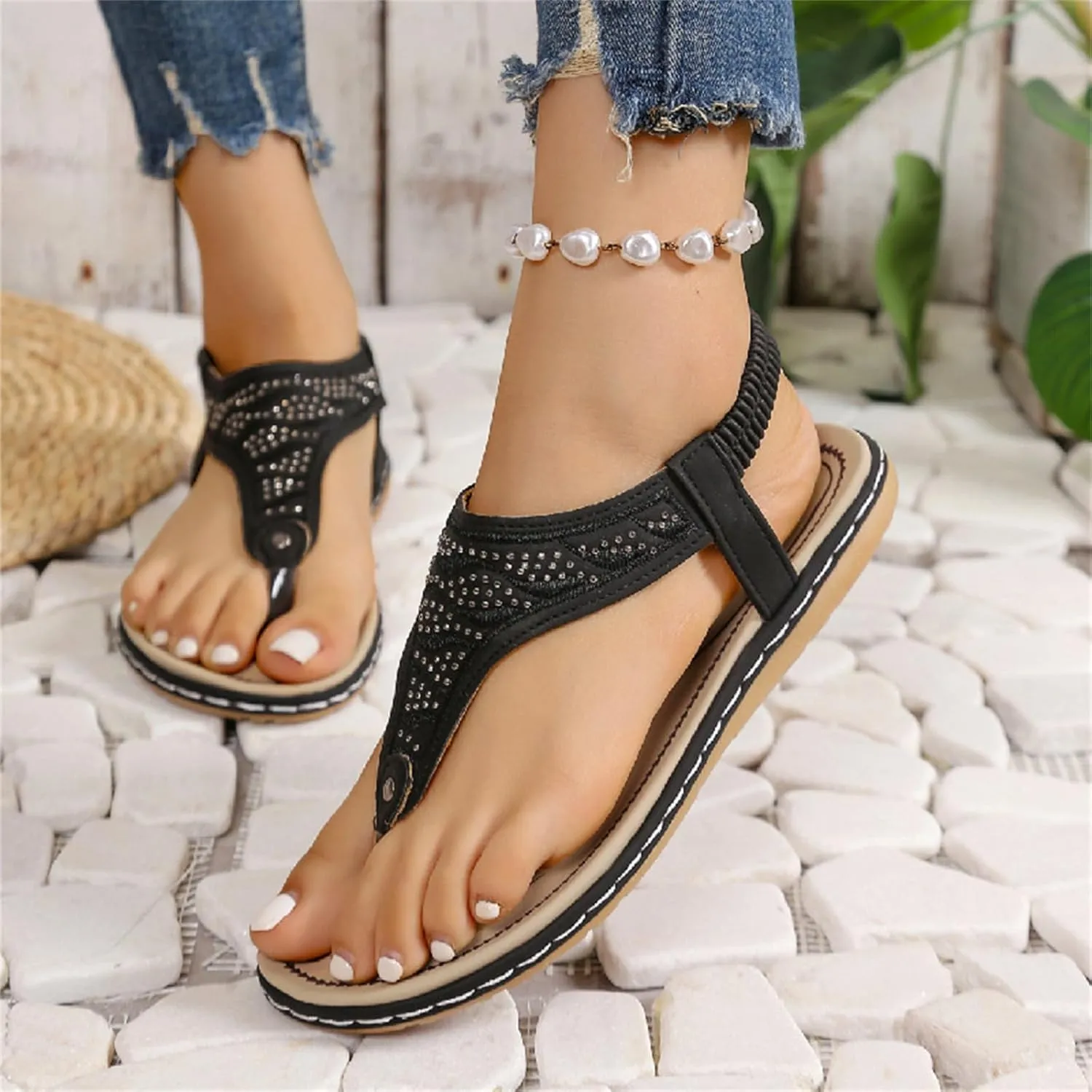 Thong Flat Sandals, Casual Women T-Strap Dress Sandals Comfortable Orthopedic Open Toe Slides Sandal T-Strap and Elastic Ankle Strap Summer Beach Walking Shoes