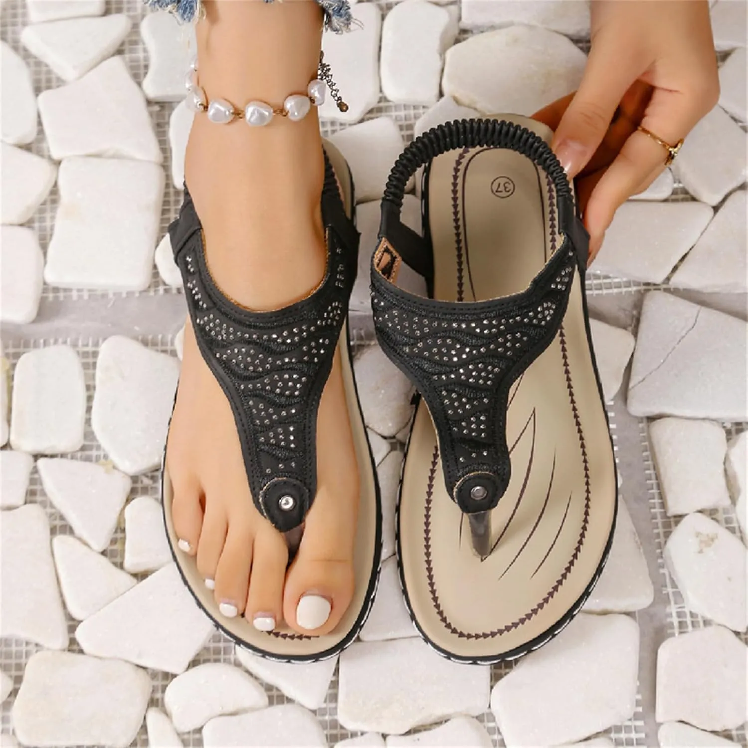 Thong Flat Sandals, Casual Women T-Strap Dress Sandals Comfortable Orthopedic Open Toe Slides Sandal T-Strap and Elastic Ankle Strap Summer Beach Walking Shoes