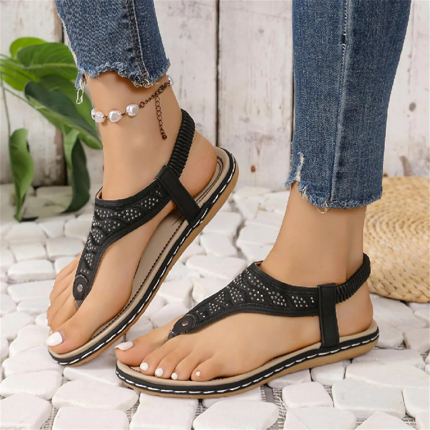Thong Flat Sandals, Casual Women T-Strap Dress Sandals Comfortable Orthopedic Open Toe Slides Sandal T-Strap and Elastic Ankle Strap Summer Beach Walking Shoes