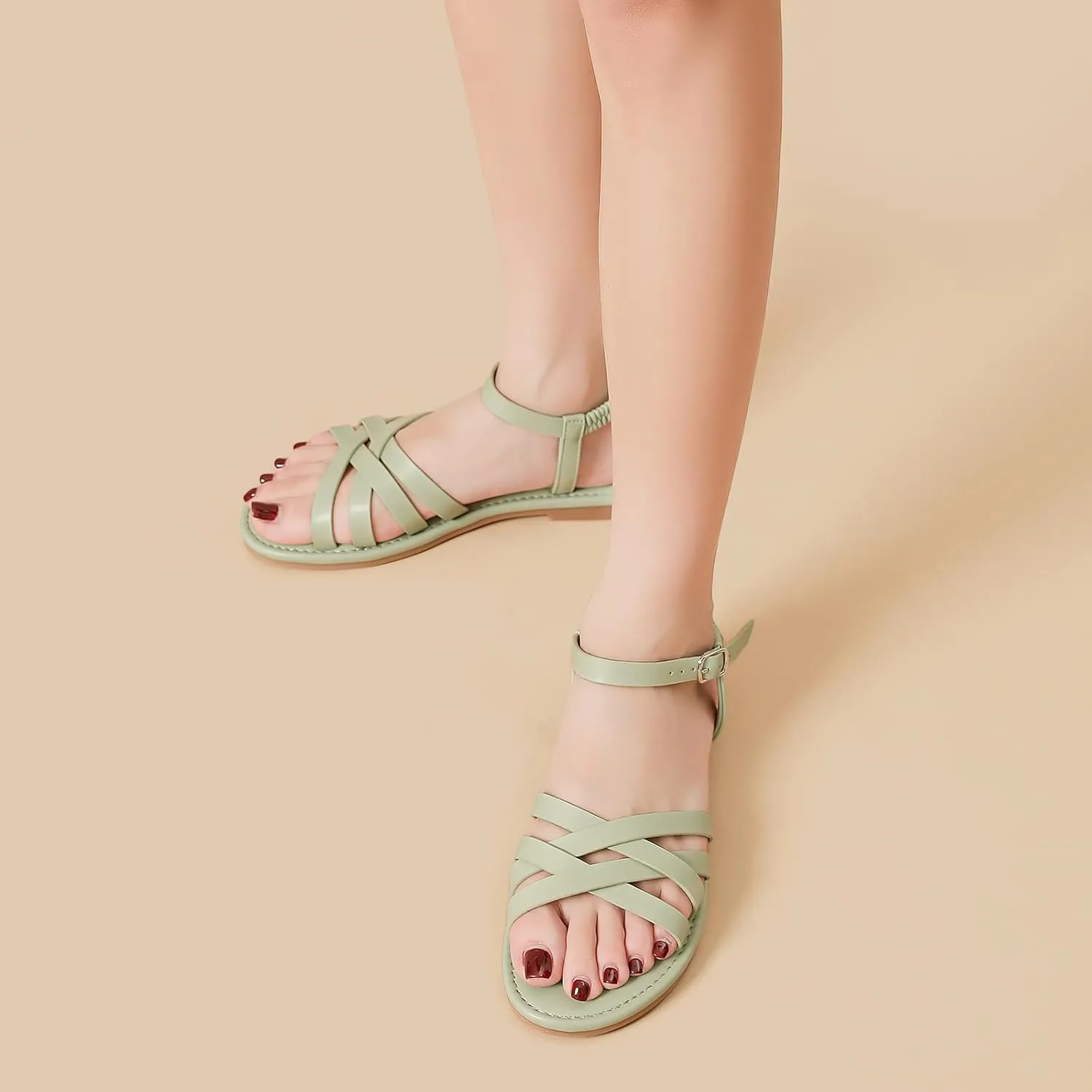 Tilocow Woven Women Flat Sandals Round Toe Buckle Slides Cross Strappy Casual Shoes for Summer