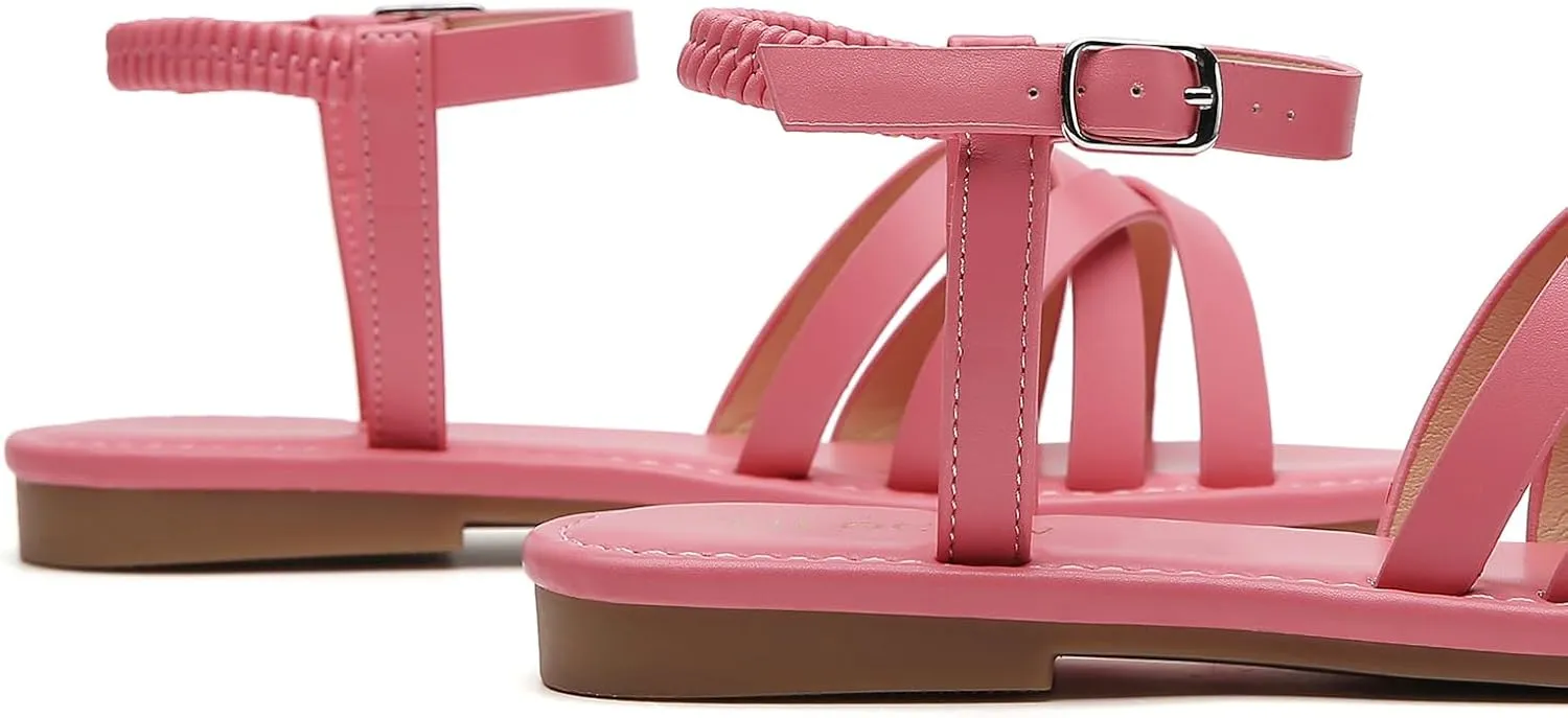 Tilocow Woven Women Flat Sandals Round Toe Buckle Slides Cross Strappy Casual Shoes for Summer
